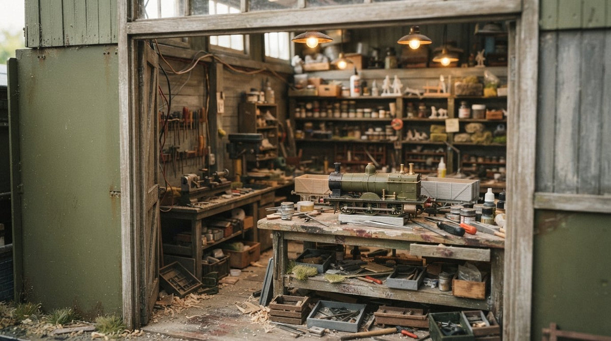 Model railway workshop interior details