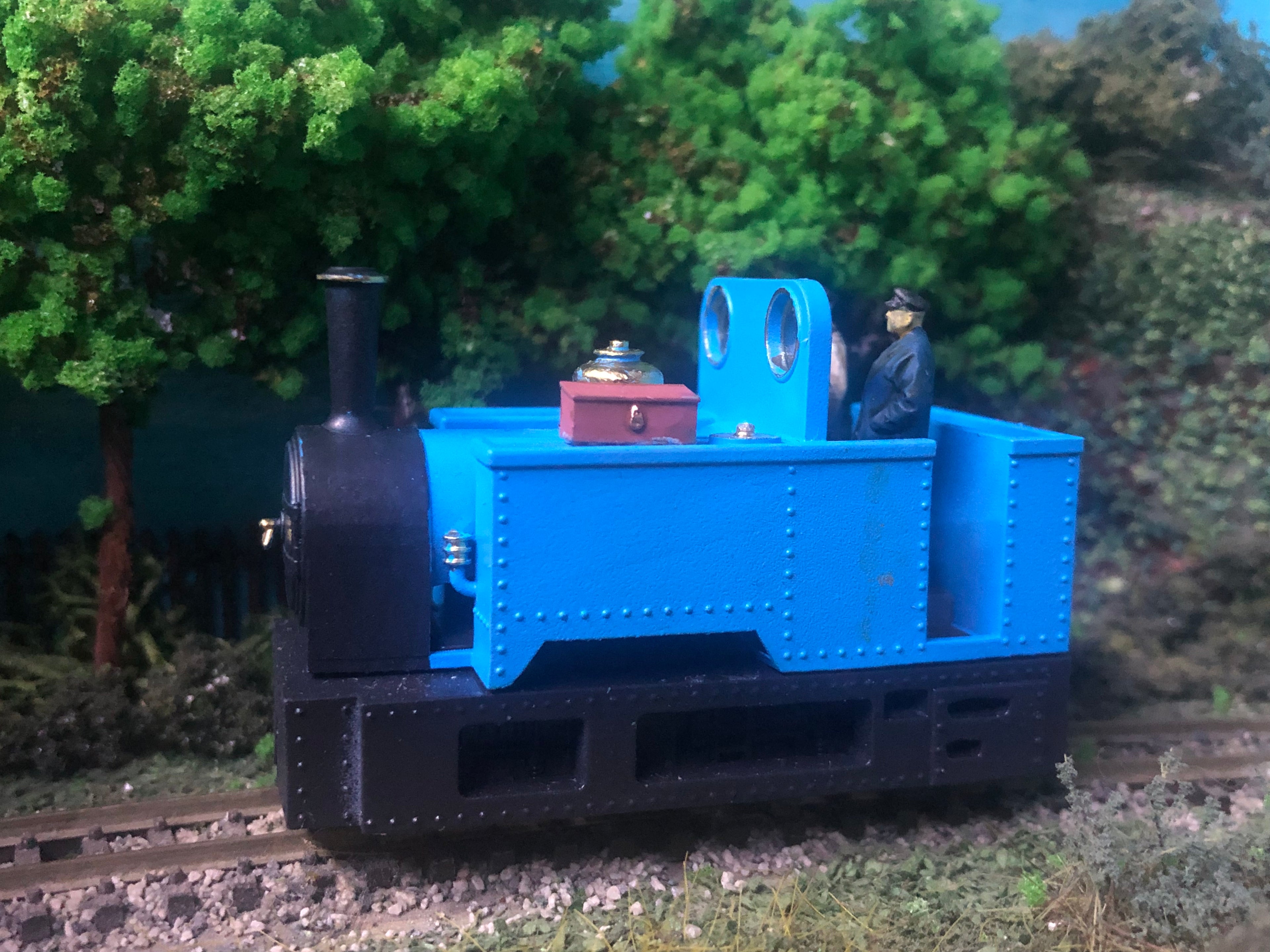 OO9 narrow gauge Kerr Stuart-inspired open cab steam loco kit body on a Kato 11-109 motor bogie chassis