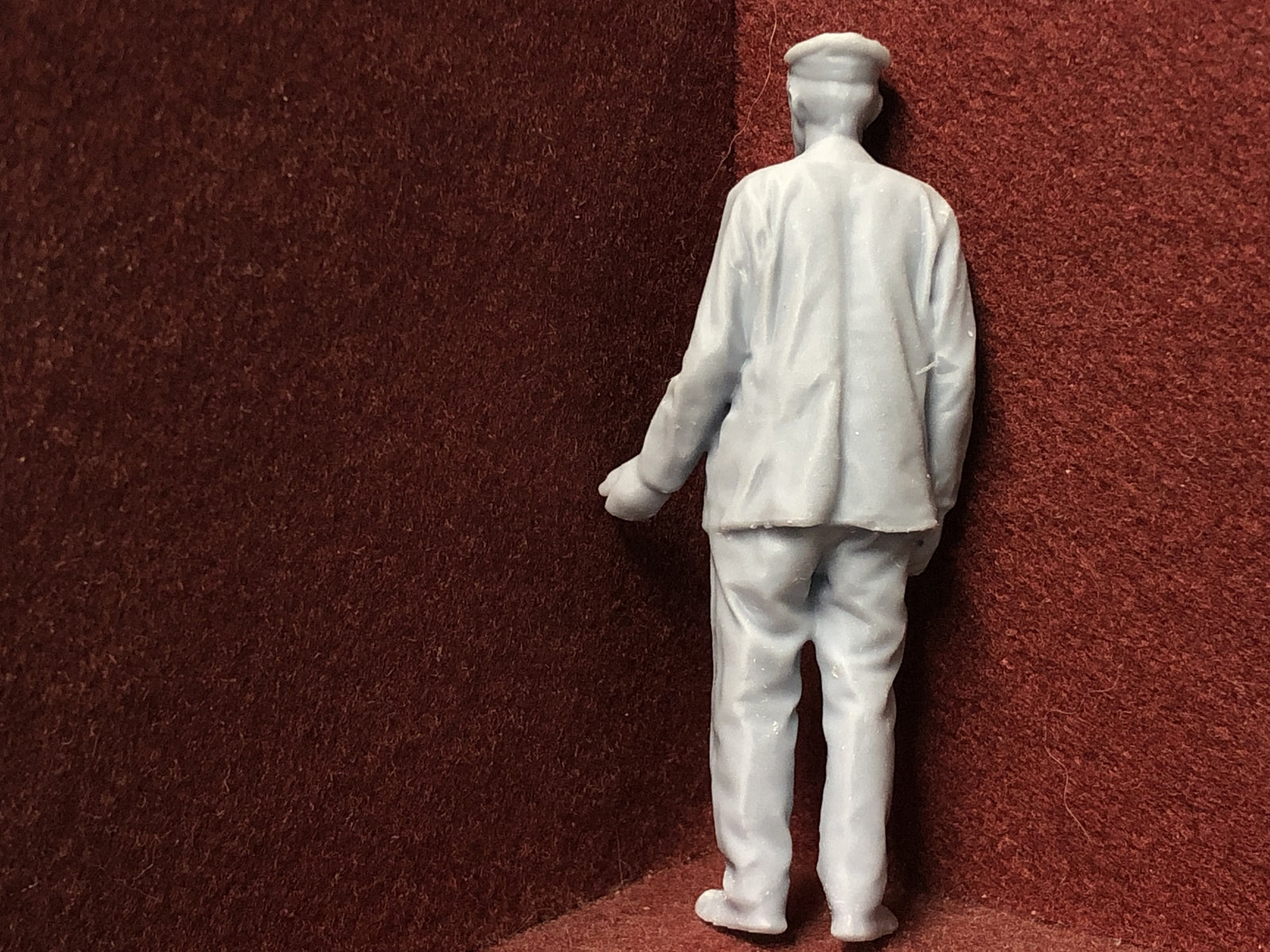 16mm 1:19 scale SM32 model railway driver figure, 3D scanned from a real person, standing in a relaxed yard pose