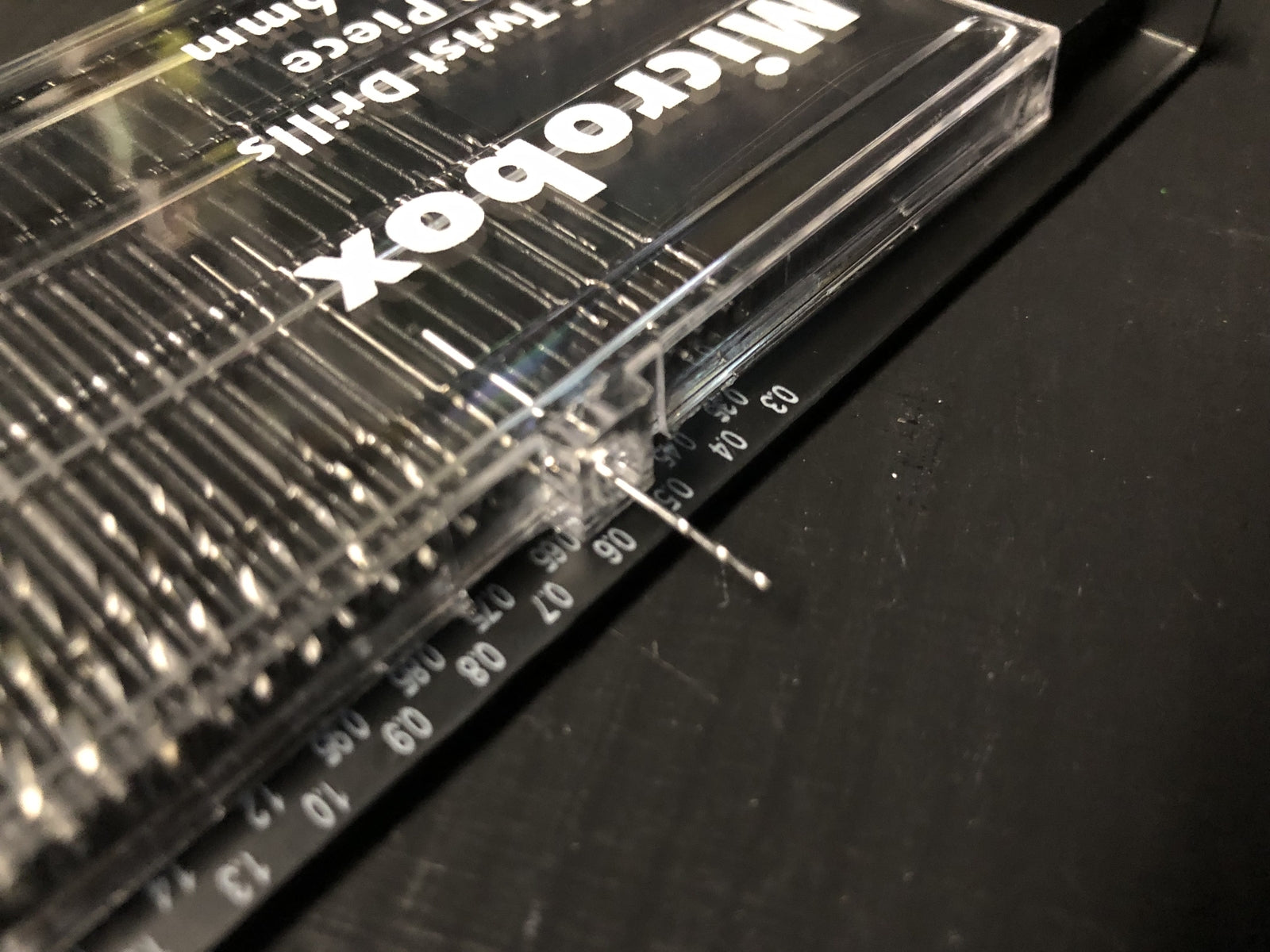 Micro HSS twist drill bit set with pin vice holder for precision railway modelling, 20 bits from 0.3mm to 1.6mm in sliding case