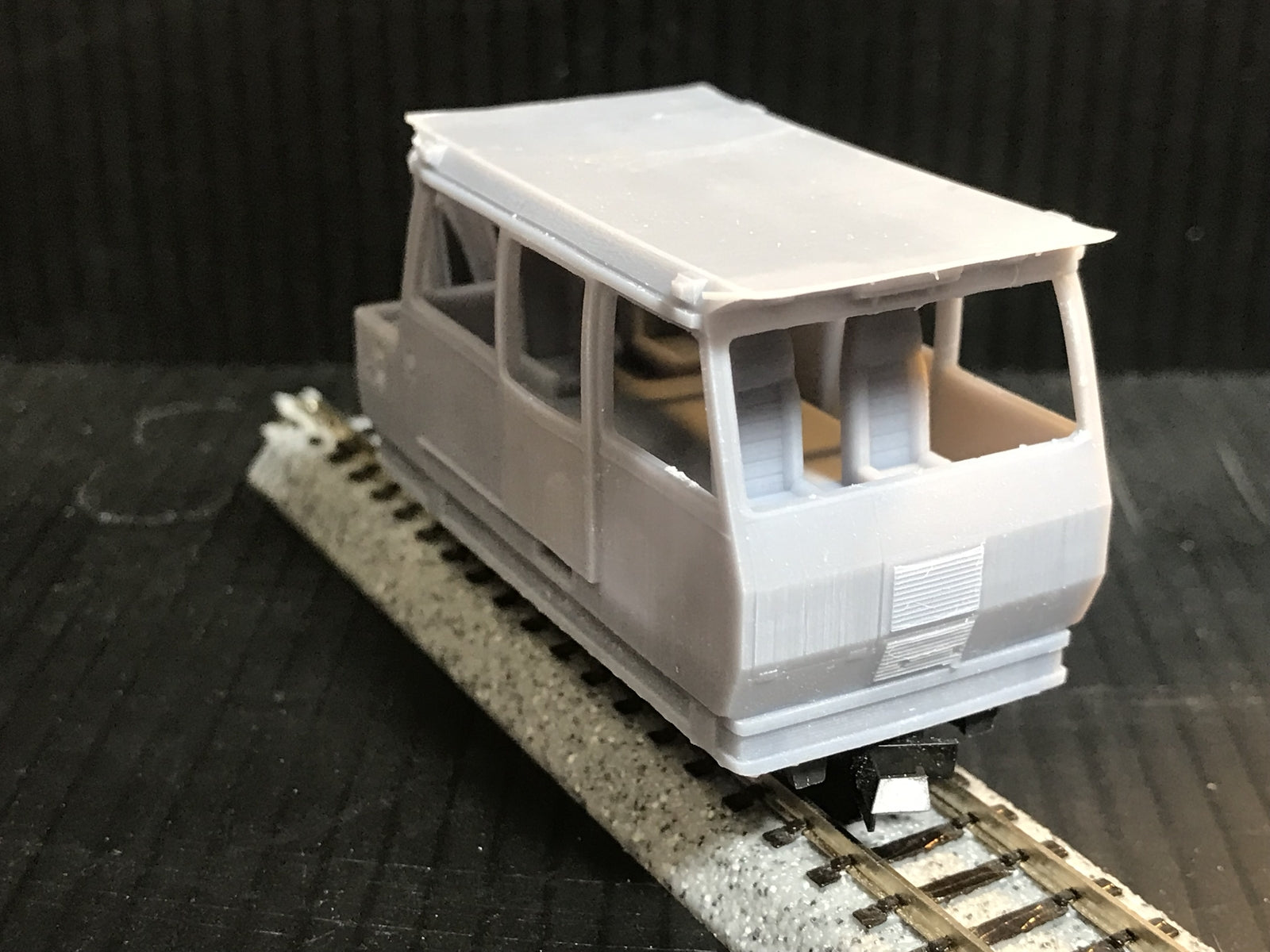 Unpainted OO9 narrow gauge Wickham inspection car body kit with interior and service load, designed for a Kato 11-109 chassis