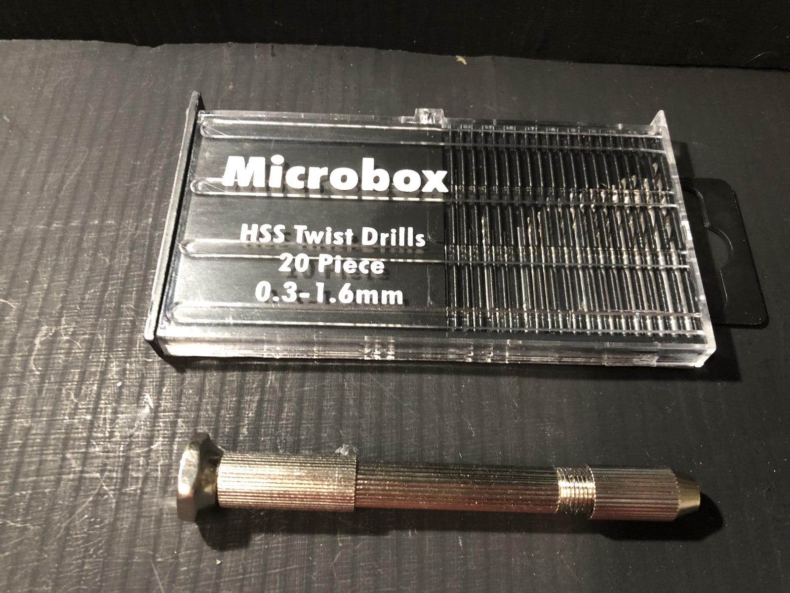 Micro HSS twist drill bit set with pin vice holder for precision railway modelling, 20 bits from 0.3mm to 1.6mm in sliding case
