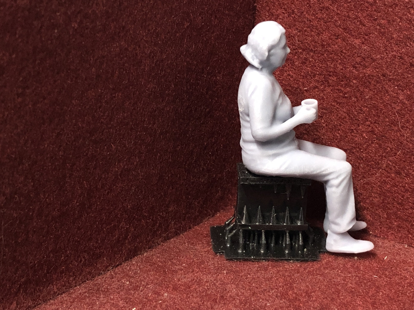 Seated female figure model railway kit in G scale 1:22.5 for GN15 layouts, 3D scanned from a real person