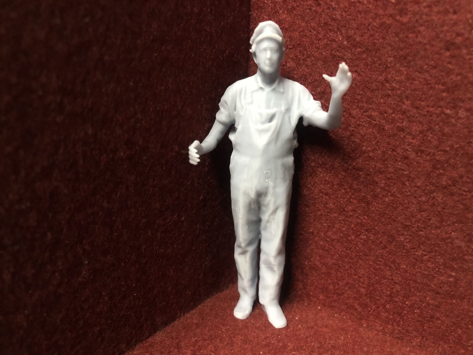 Unpainted G-scale 1:22.5 driver figure in overalls, 3D scanned from a real person, suitable for GN15 narrow gauge layouts
