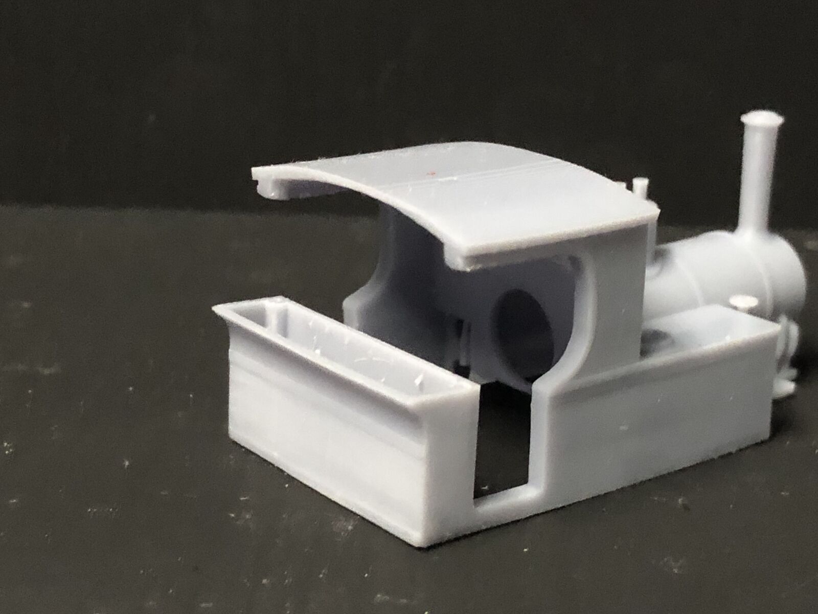 OO9 narrow gauge Andrew Barclay “Doll” steam locomotive kit body shown fitted to a Kato 11-109 motor bogie chassis