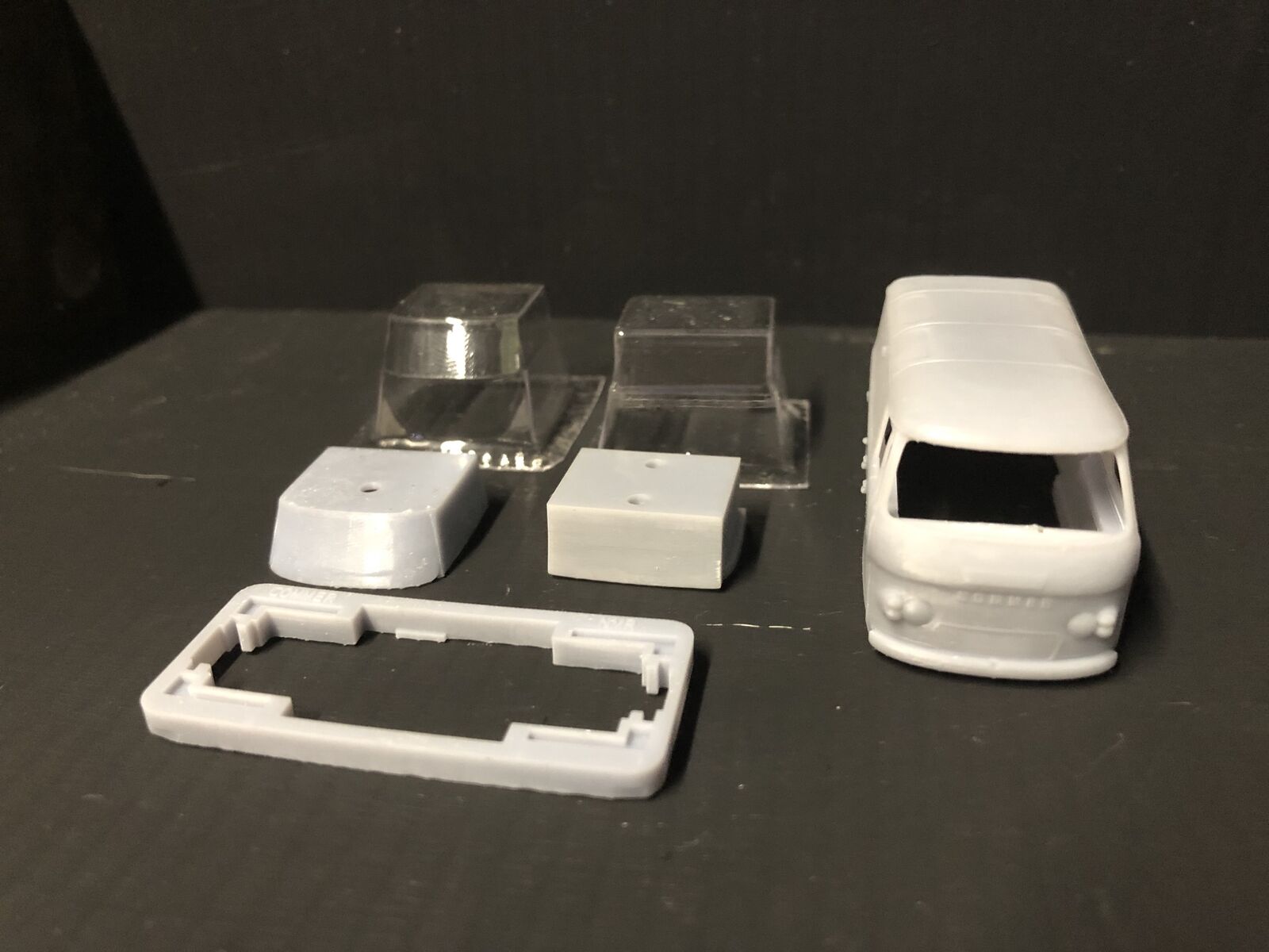 OO9 narrow gauge Commer van railcar kit body shown fitted to a shortened Kato 109 chassis for 4mm scale model railways