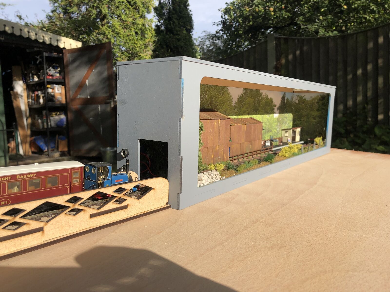 55cm shelf-mounted model railway diorama with lighting, scenic details and optional fiddle stick, suitable for OO/HO scale layouts