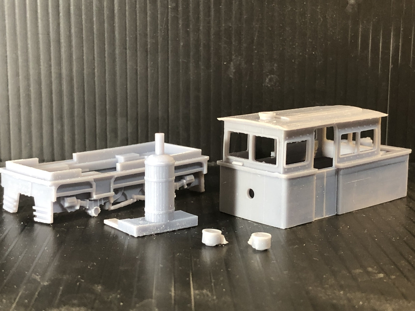 OO9 narrow gauge Atkinson-Walker steam loco resin body kit for Kato 11-109 chassis, shown unpainted on 9mm track