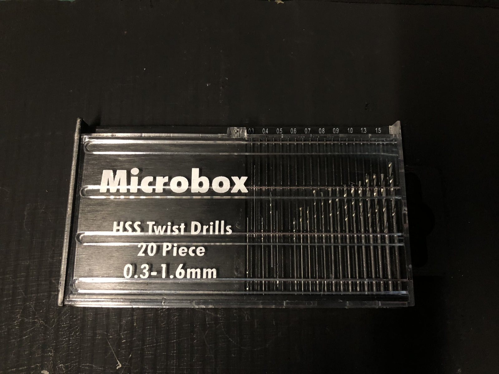 Micro HSS twist drill bit set with pin vice holder for precision railway modelling, 20 bits from 0.3mm to 1.6mm in sliding case