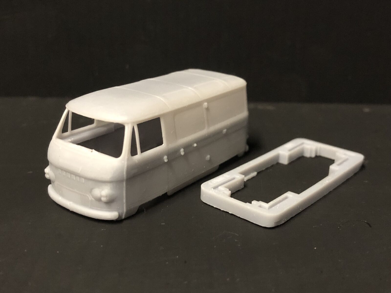 OO9 narrow gauge Commer van railcar kit body shown fitted to a shortened Kato 109 chassis for 4mm scale model railways