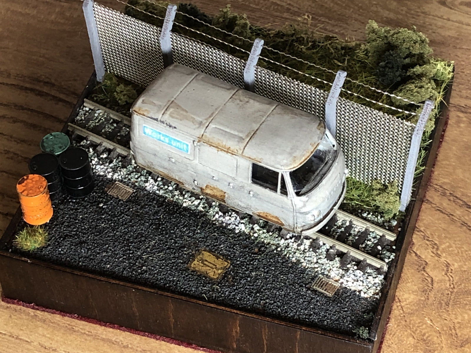 OO9 narrow gauge Commer van railcar kit body shown fitted to a shortened Kato 109 chassis for 4mm scale model railways