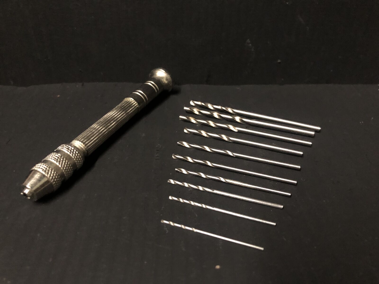 Pin vice drill holder set for railway modellers, with swivel-handled pin vice, reversible collets, and assorted micro drill bits