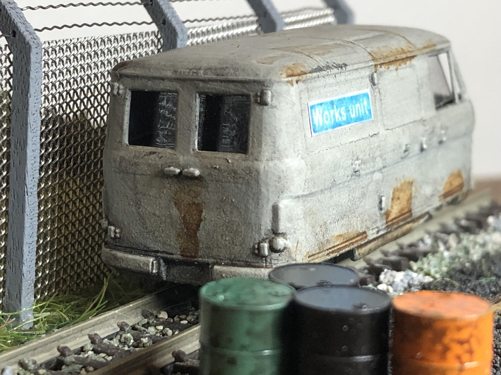 OO9 narrow gauge Commer van railcar kit body shown fitted to a shortened Kato 109 chassis for 4mm scale model railways