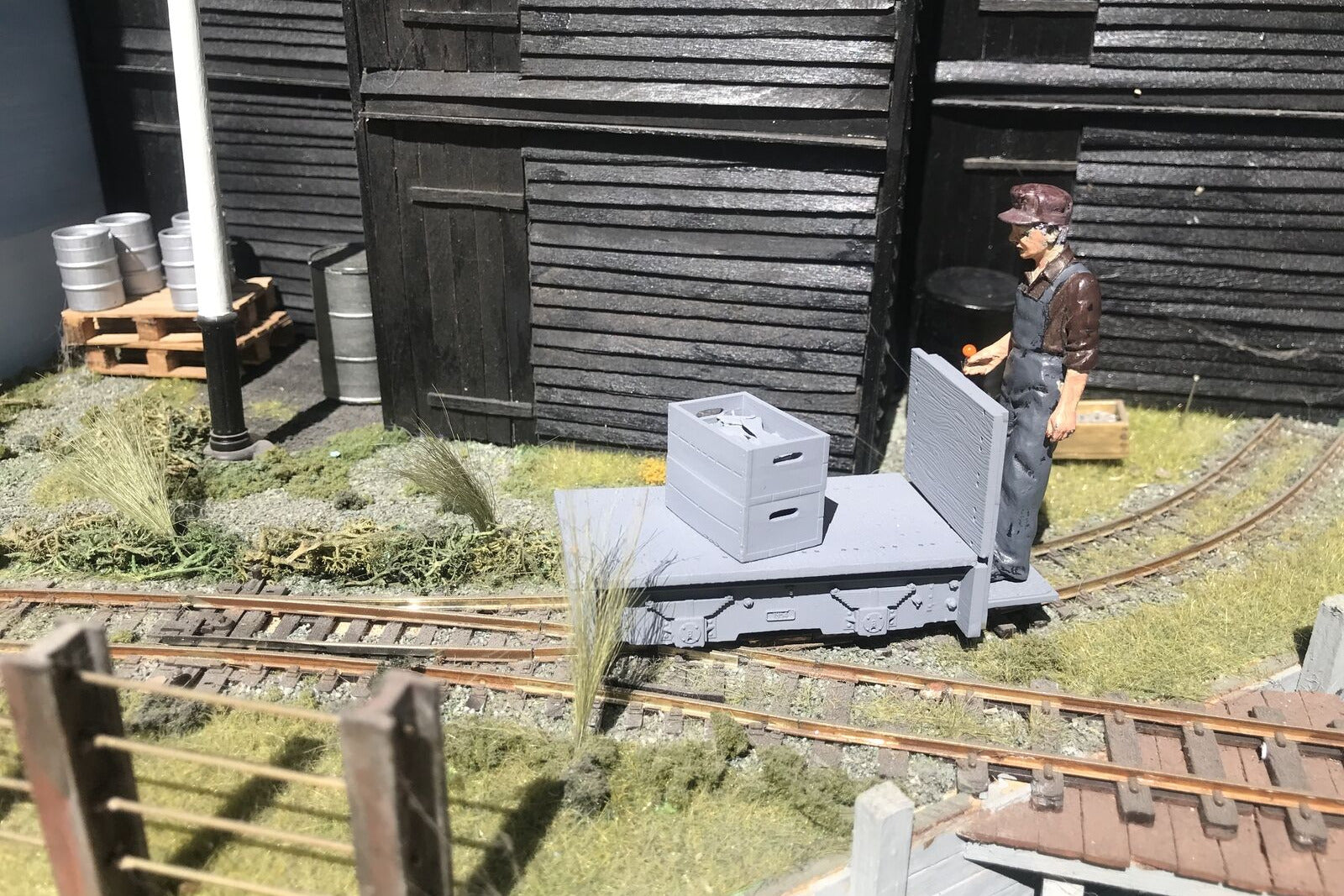 GN15 electric critter trolley kit for G-scale on 00 gauge track, shown on a Tenshodo motor bogie chassis, unpainted resin parts