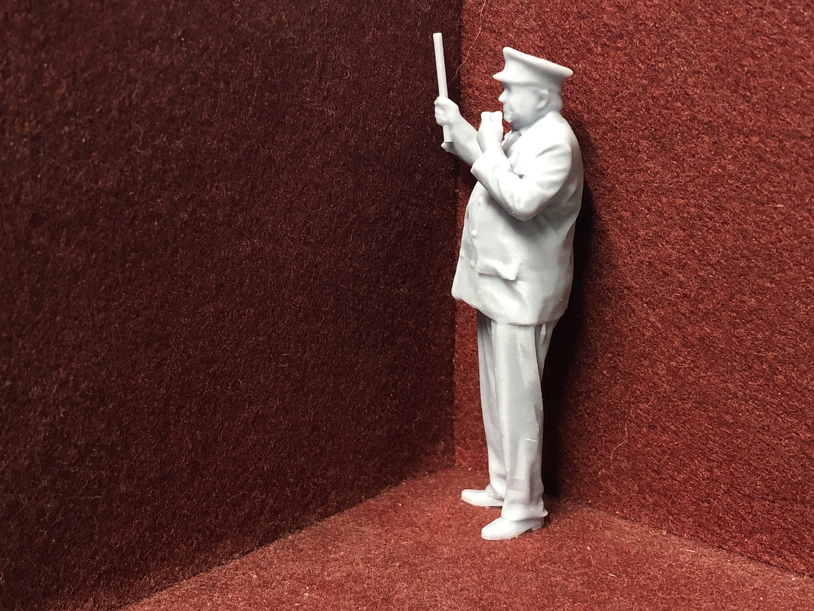 Unpainted G-scale 1:22 guard figure model, 3D scanned from a real person, suitable for GN15 narrow gauge layouts.