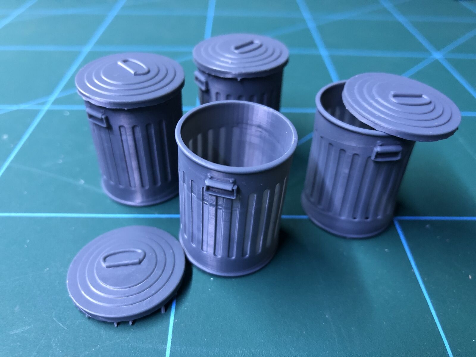 GN15 G scale unpainted resin dustbin set with removable lids, ideal as scenic accessories for narrow gauge model railway layouts