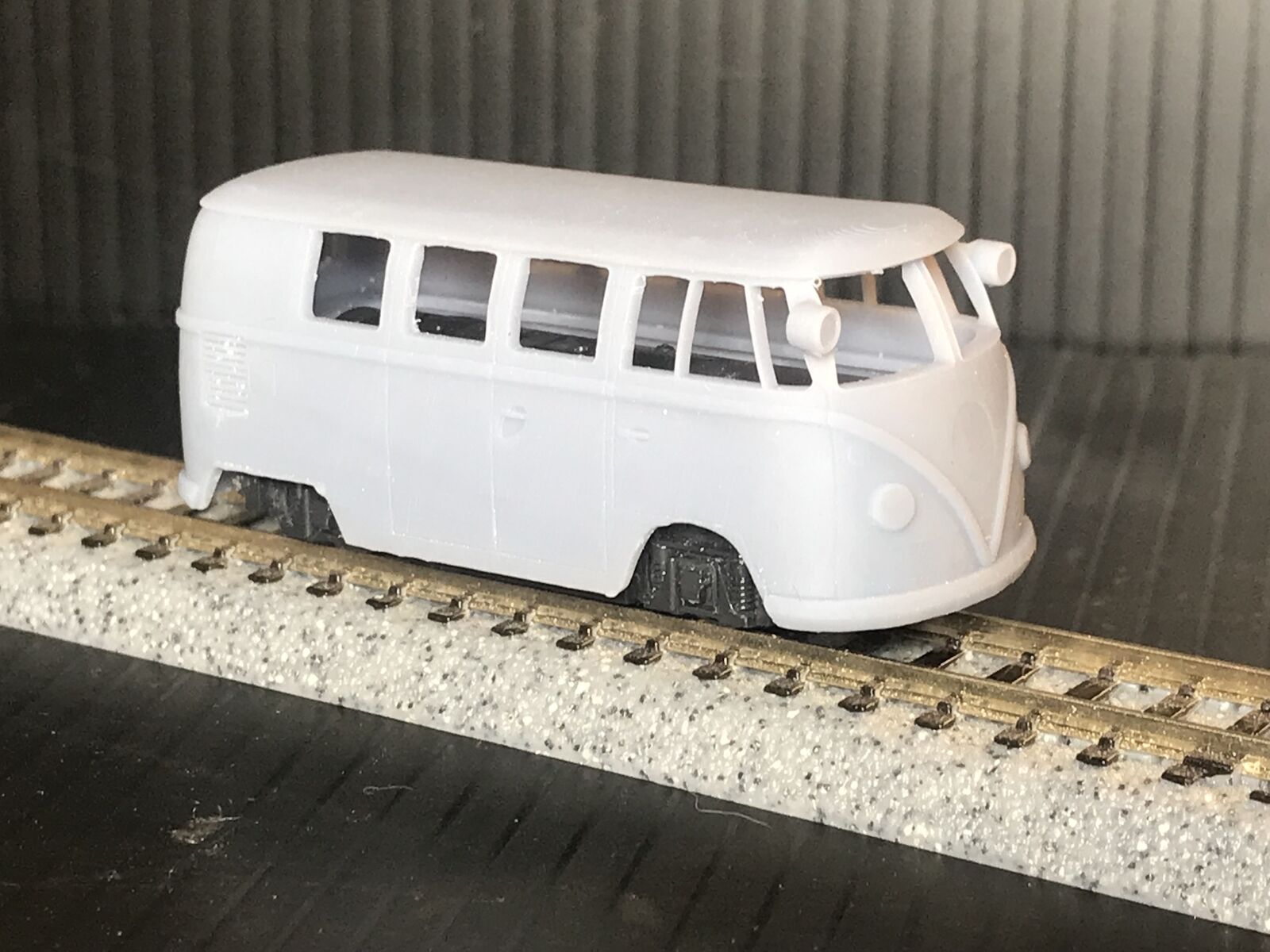 OO9 narrow gauge VW Deutsche Bahn inspection railcar resin body kit for a shortened Kato 11-109 chassis, supplied unpainted