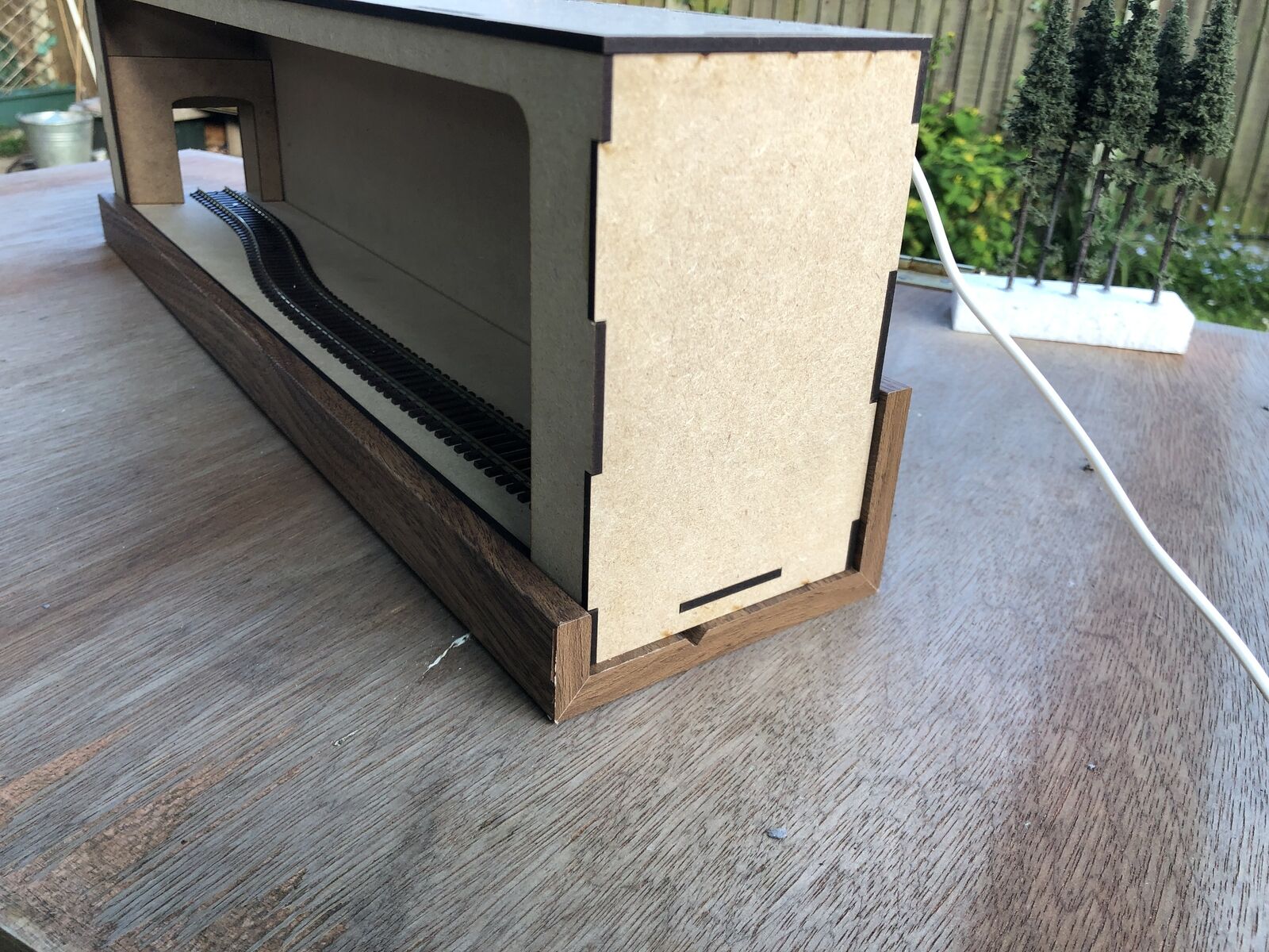 55cm shelf-mounted model railway diorama with lighting, suitable for OO/HO scale layouts and optional fiddle stick extension