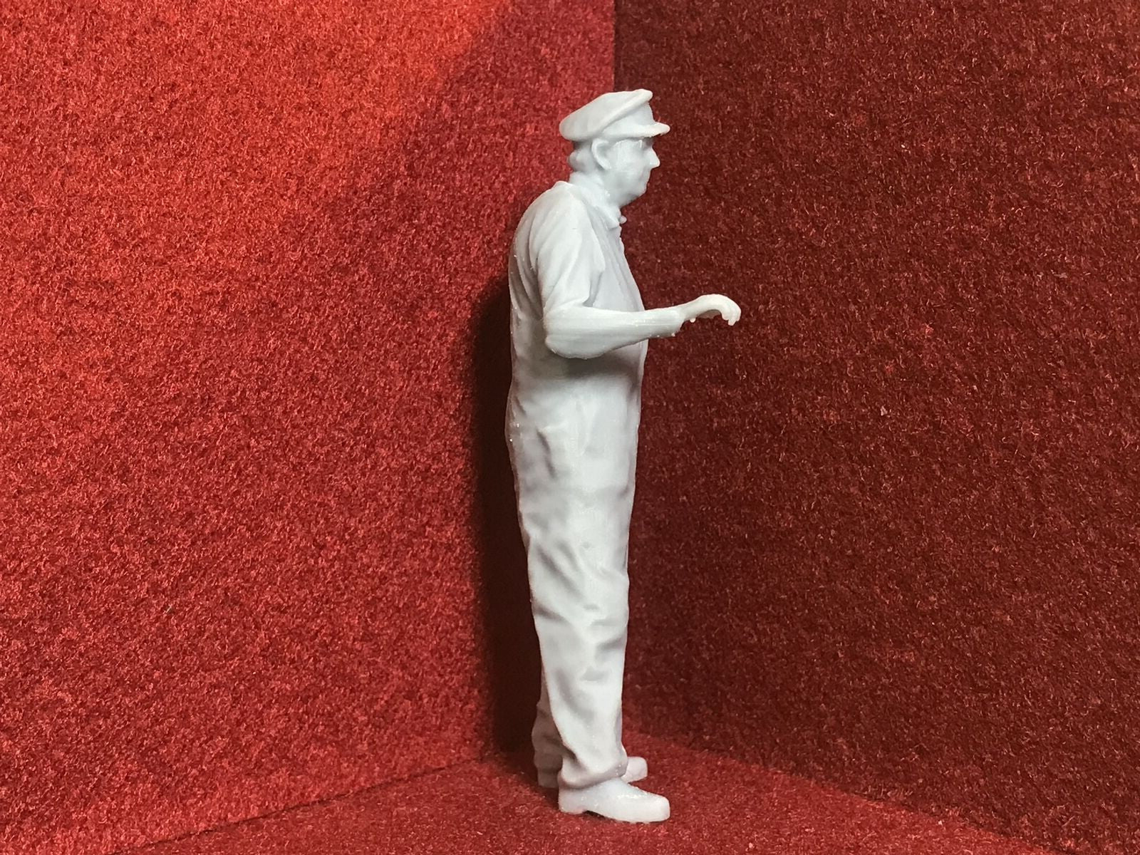 G scale 1:22 driver figure in overalls for model railway layouts, 3D scanned from a real person, suitable for G and GN15 narrow gauge.