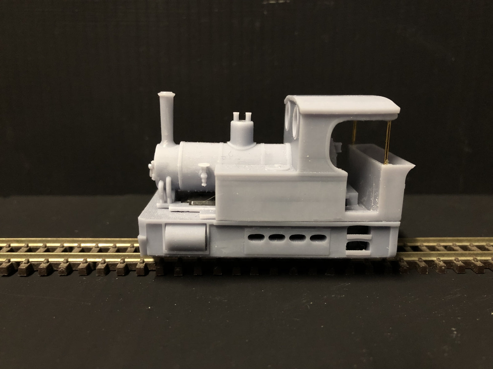 OO9 narrow gauge Andrew Barclay “Doll” steam locomotive kit body designed to fit a Kato 11-109 chassis, shown unpainted for assembly