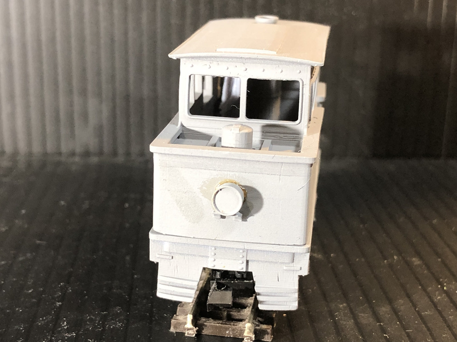 OO9 narrow gauge Atkinson-Walker steam railcar loco body kit for Kato 11-109 chassis, shown unpainted in high-detail resin