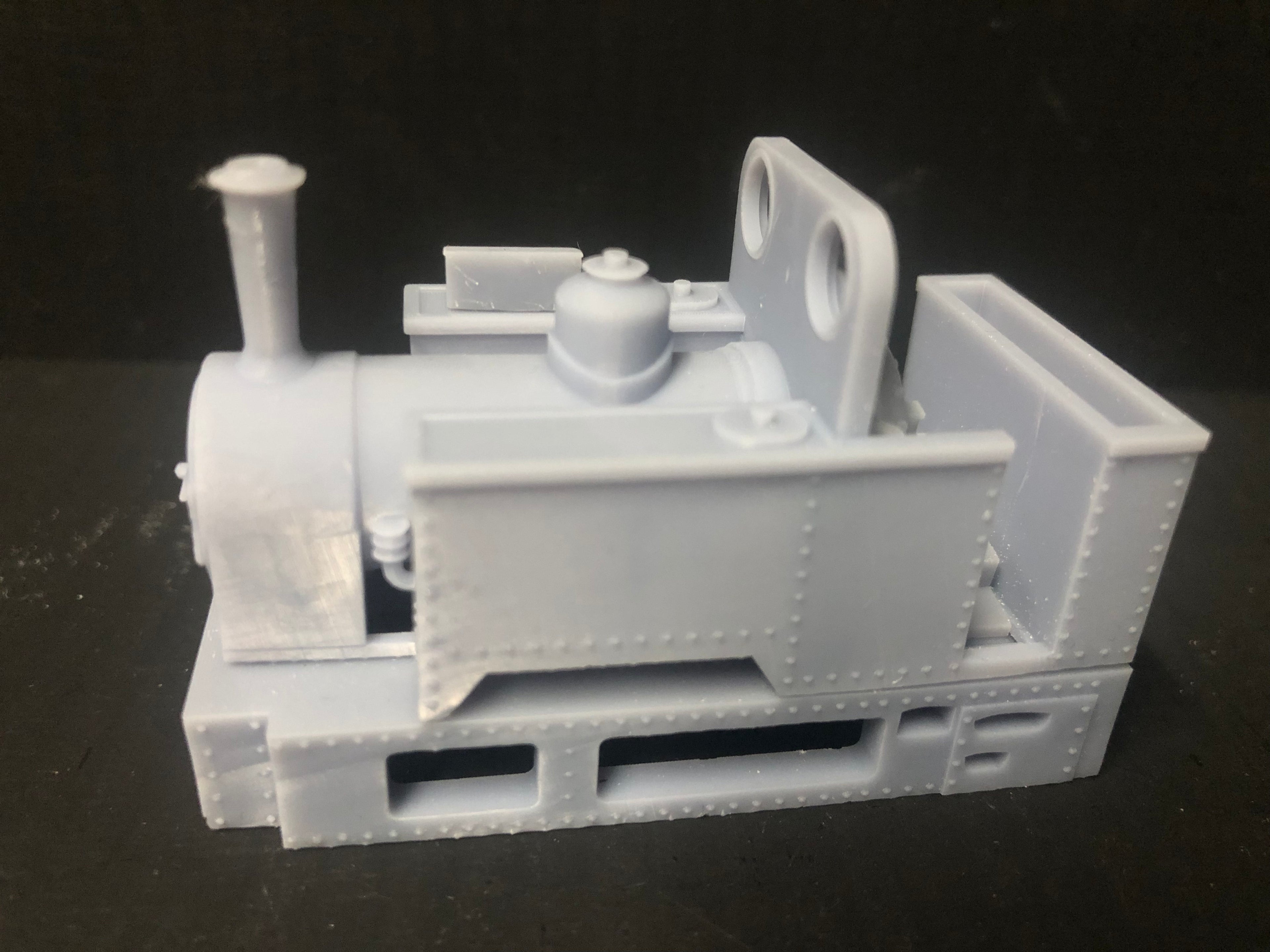 OO9 narrow gauge Kerr Stuart-inspired open cab steam loco kit body shown fitted to a Kato 11-109 motor bogie chassis