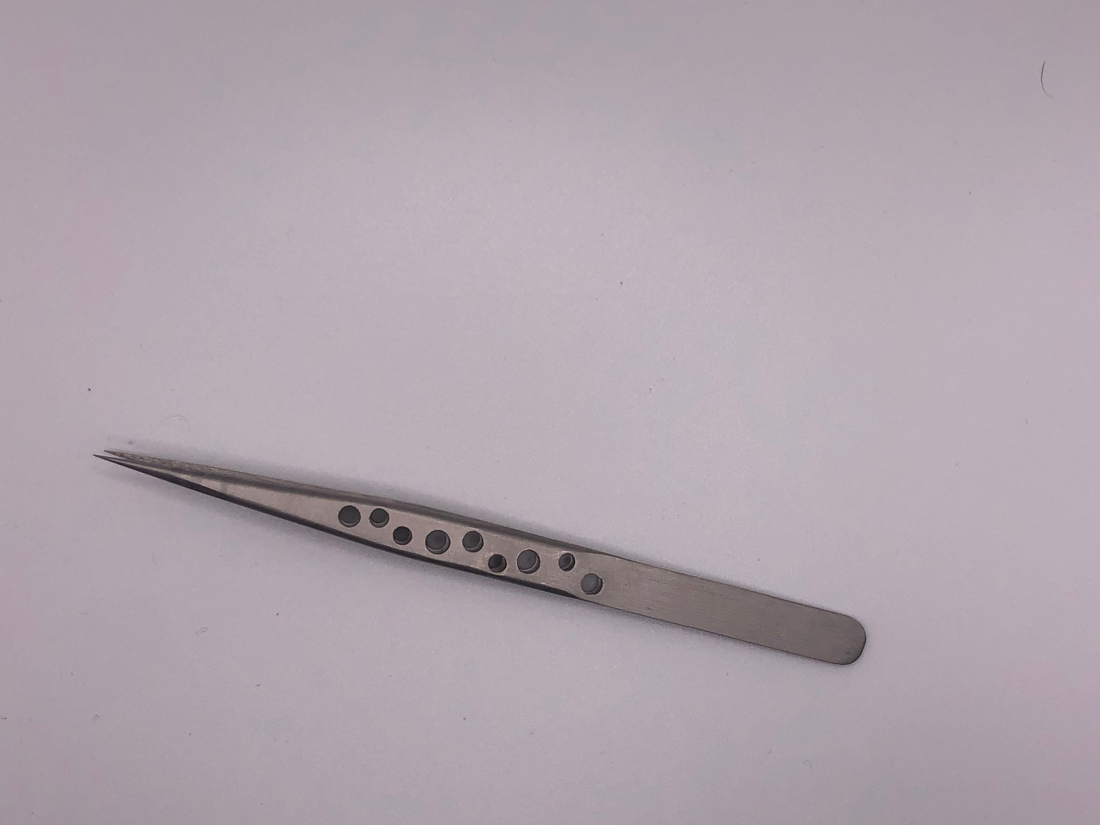 Pair of precision stainless steel tweezers with straight and curved fine tips and drilled anti-static handles for detailed modelling work