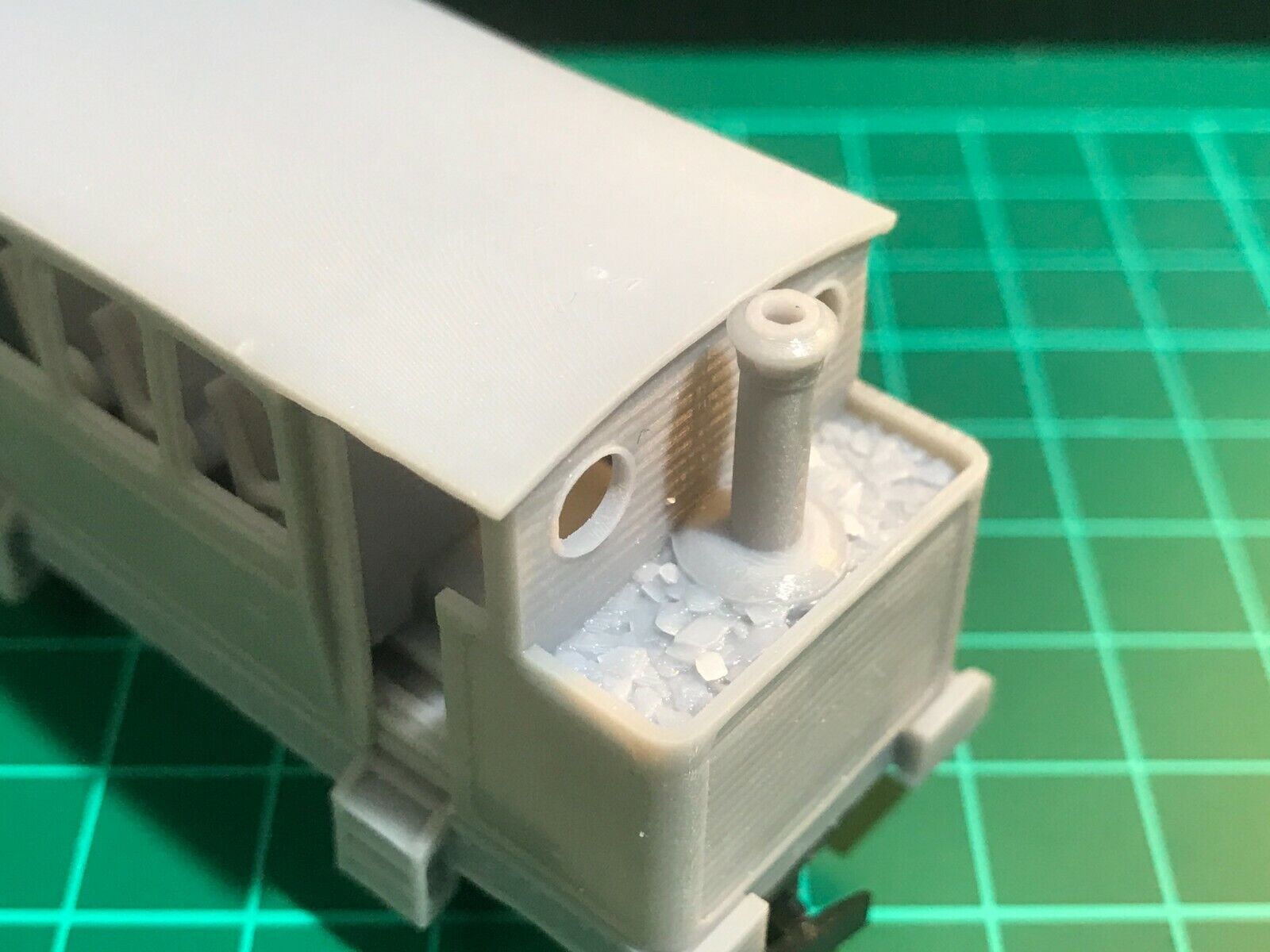 OO9 narrow gauge steam tram railmotor body kit shown fitted to a Kato 11-105 double bogie chassis