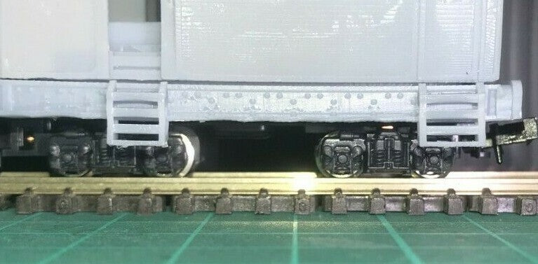 OO9 narrow gauge steam tram railmotor body kit shown fitted to a Kato 11-105 double bogie chassis for model railways