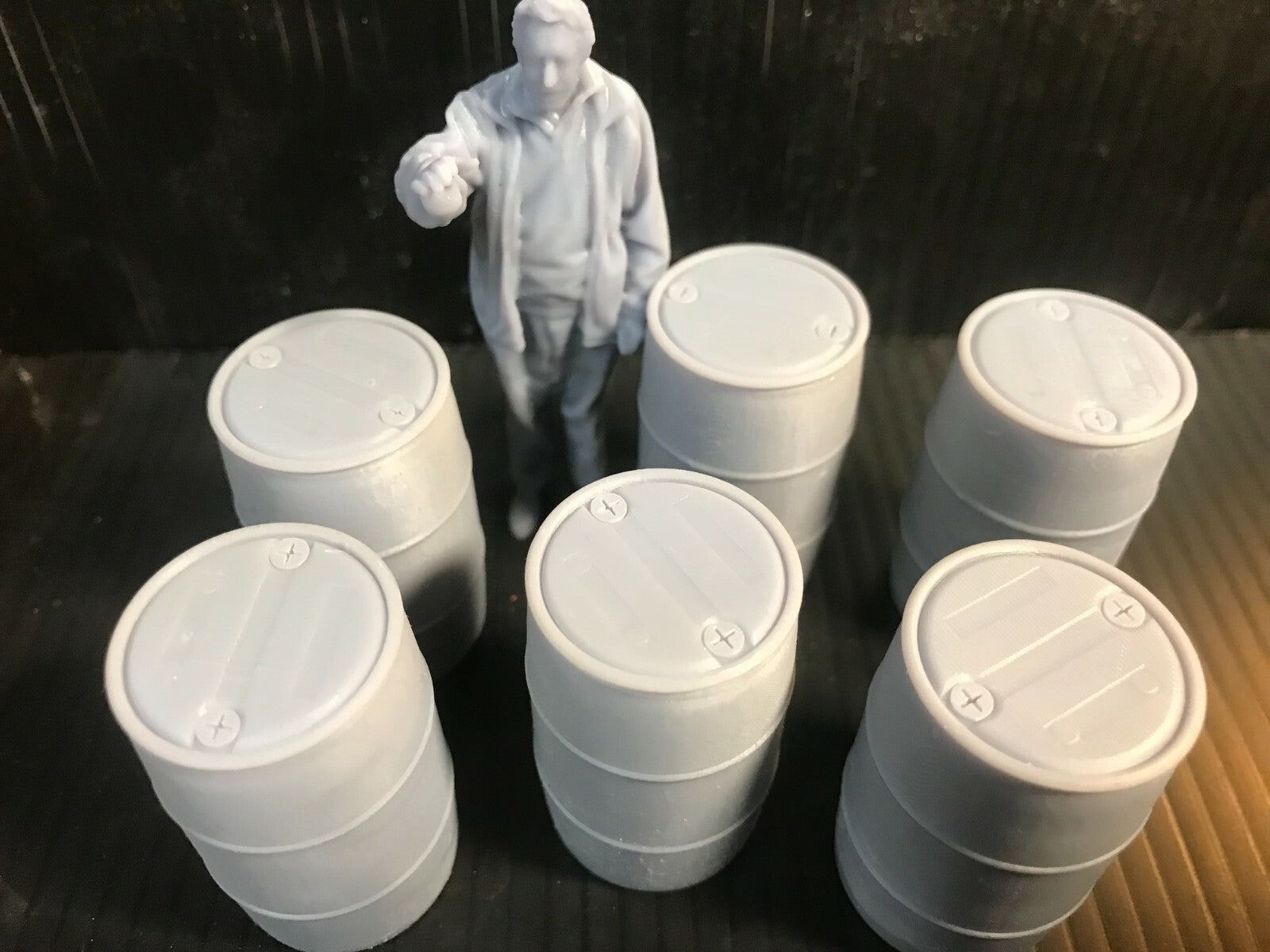 Set of six G-scale plastic chemical barrels for model railway scenery, also suitable for GN15 industrial layouts