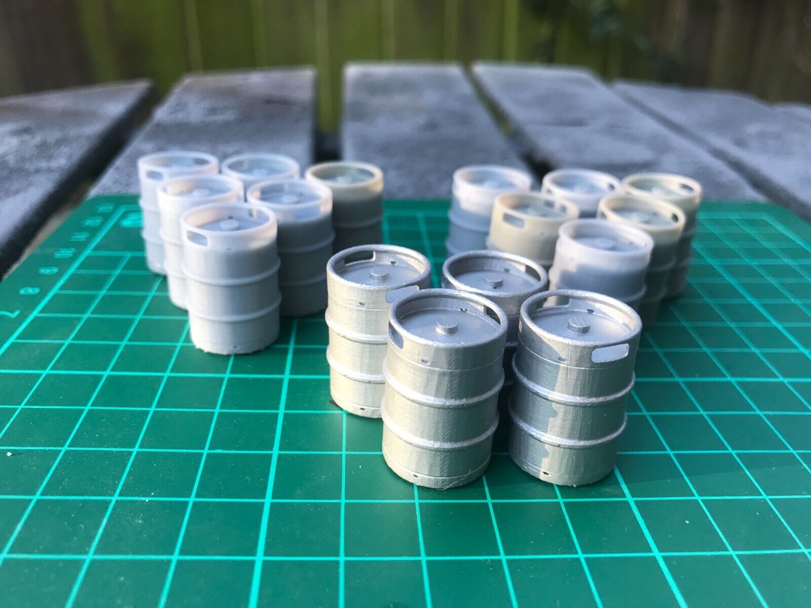 G-scale model railway scenery set of twelve 50L beer kegs, also suitable for GN15 narrow gauge layouts