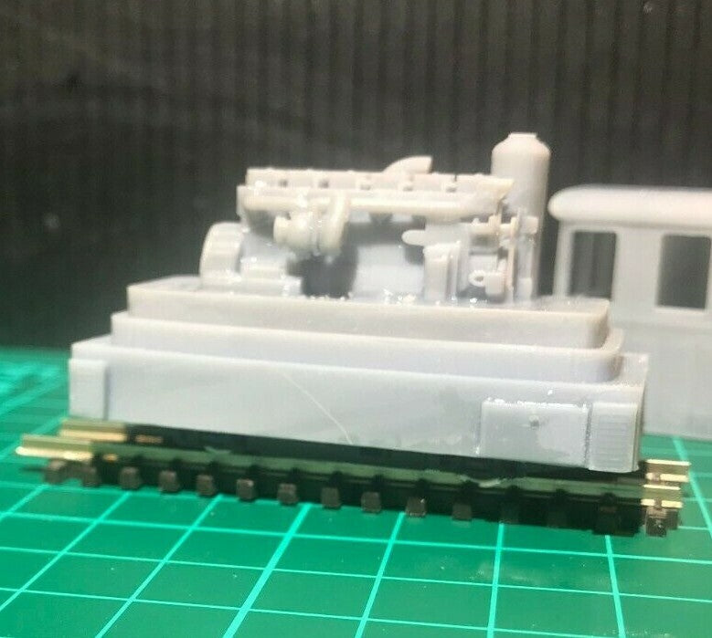 OO9 narrow gauge French-style diesel loco-tracteur body kit for mounting on a Kato 109 chassis, shown unpainted.