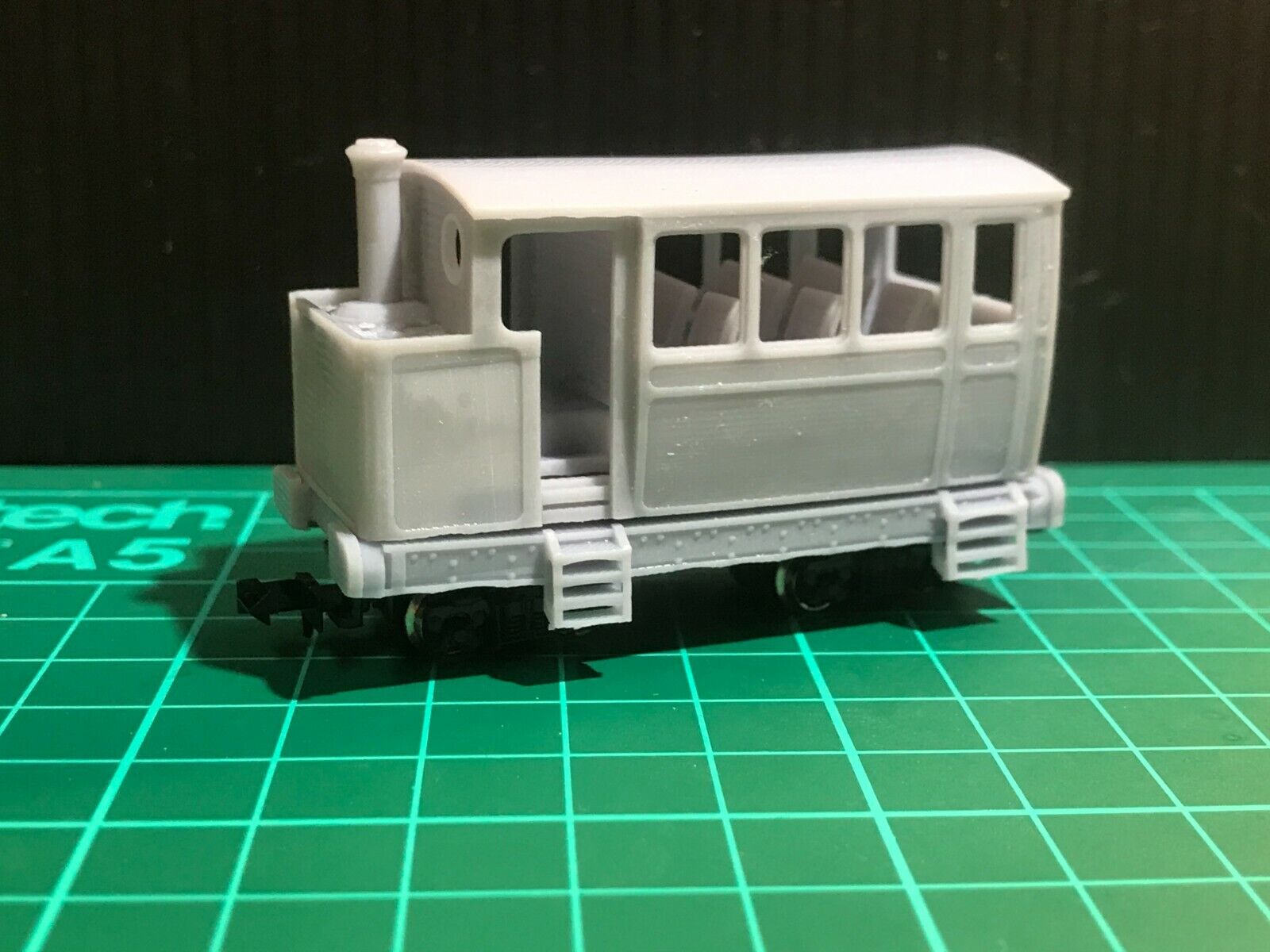 OO9 narrow gauge steam tram railmotor body kit shown fitted to a Kato 11-105 double bogie chassis