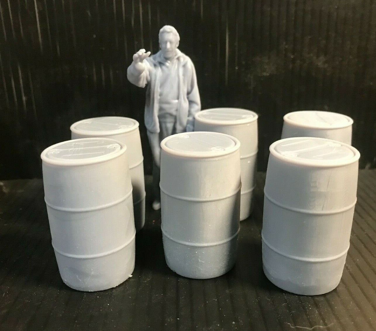 Set of six G-scale plastic chemical barrels for model railway scenery, also suitable for GN15 industrial layouts