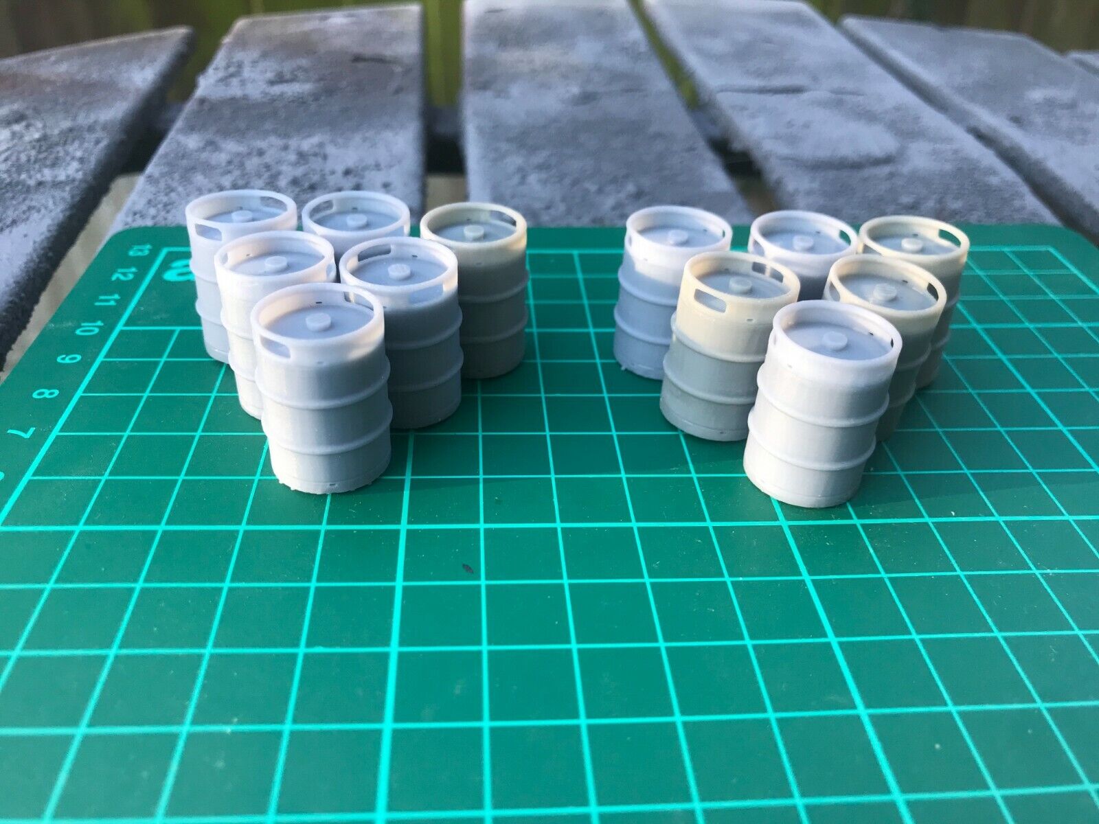 G-scale model railway scenery set of twelve 50L beer kegs, also suitable for GN15 narrow gauge layouts