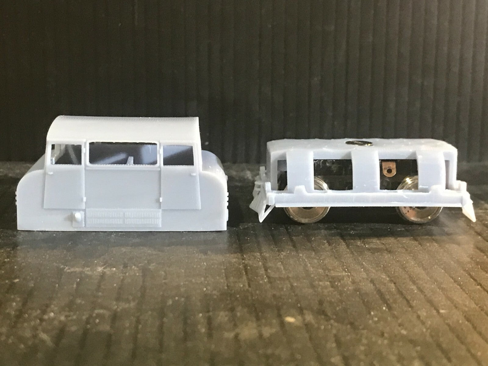 OO gauge Wickham Type 42 inspection car resin kit shown with optional static Tenshodo Spud-compatible chassis for model railways