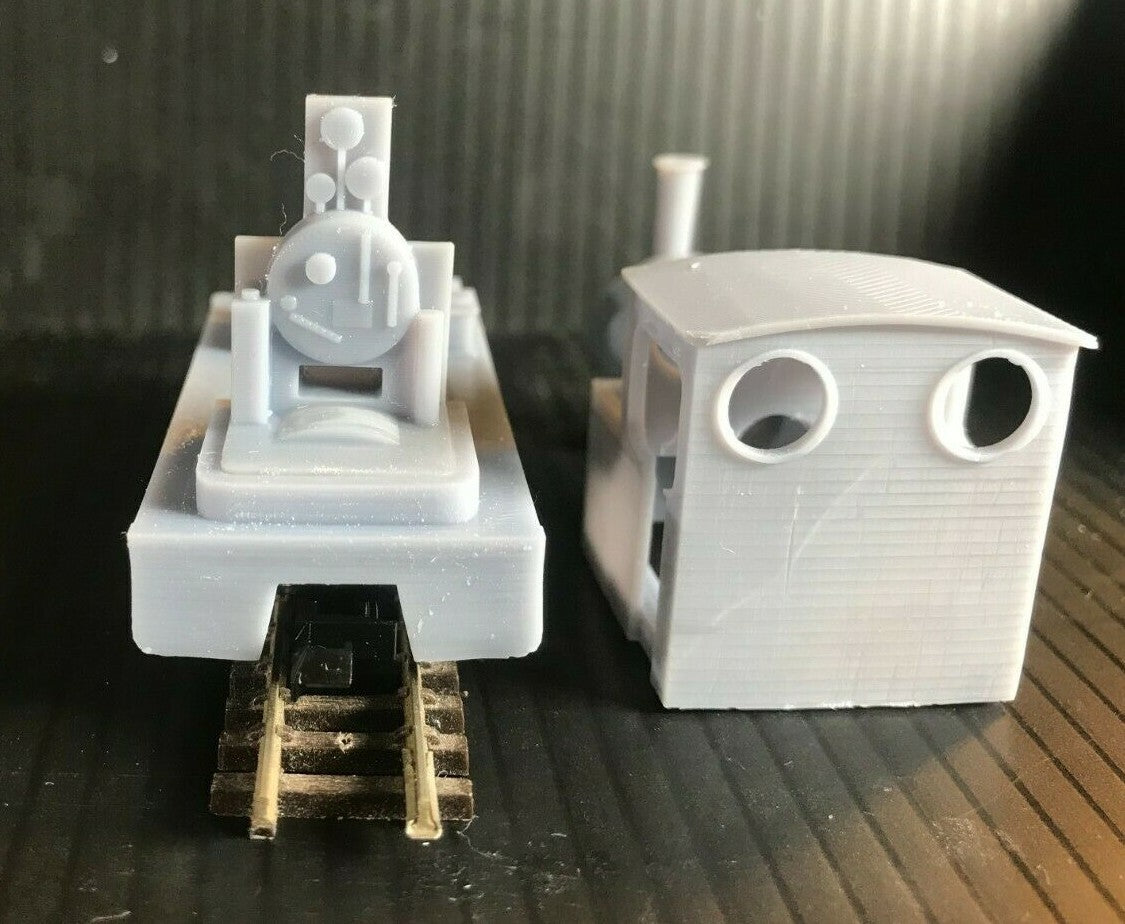 OO9 narrow gauge saddle tank steam locomotive body kit shown fitted to a Kato 11-109 motor bogie chassis