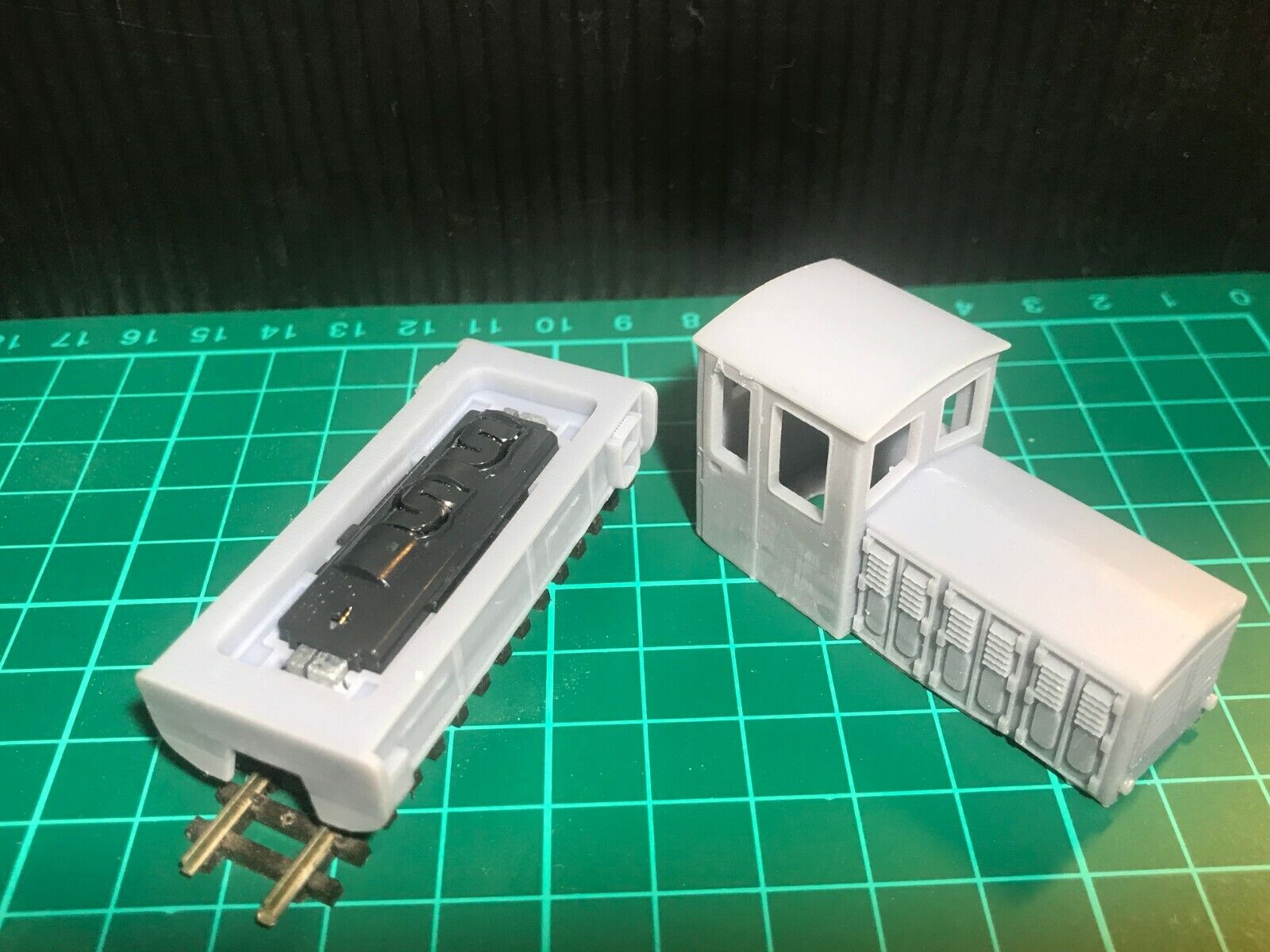 OO9 narrow gauge diesel shunter body kit designed to mount on a Kato 11-109 style 009 chassis