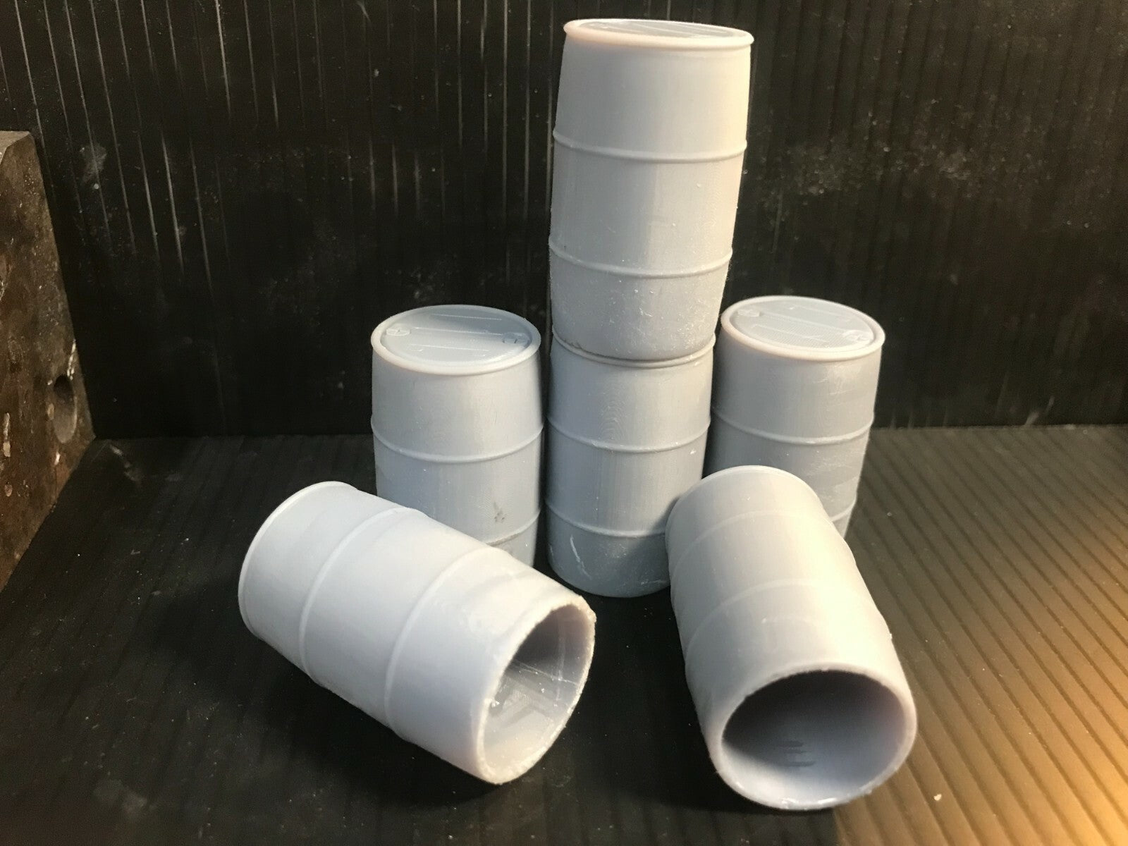 Six plastic chemical barrels model scenery set for G scale or GN15 industrial model railway layouts