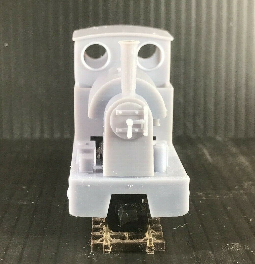 OO9 narrow gauge saddle tank steam locomotive body kit shown fitted to a Kato 11-109 motor bogie chassis