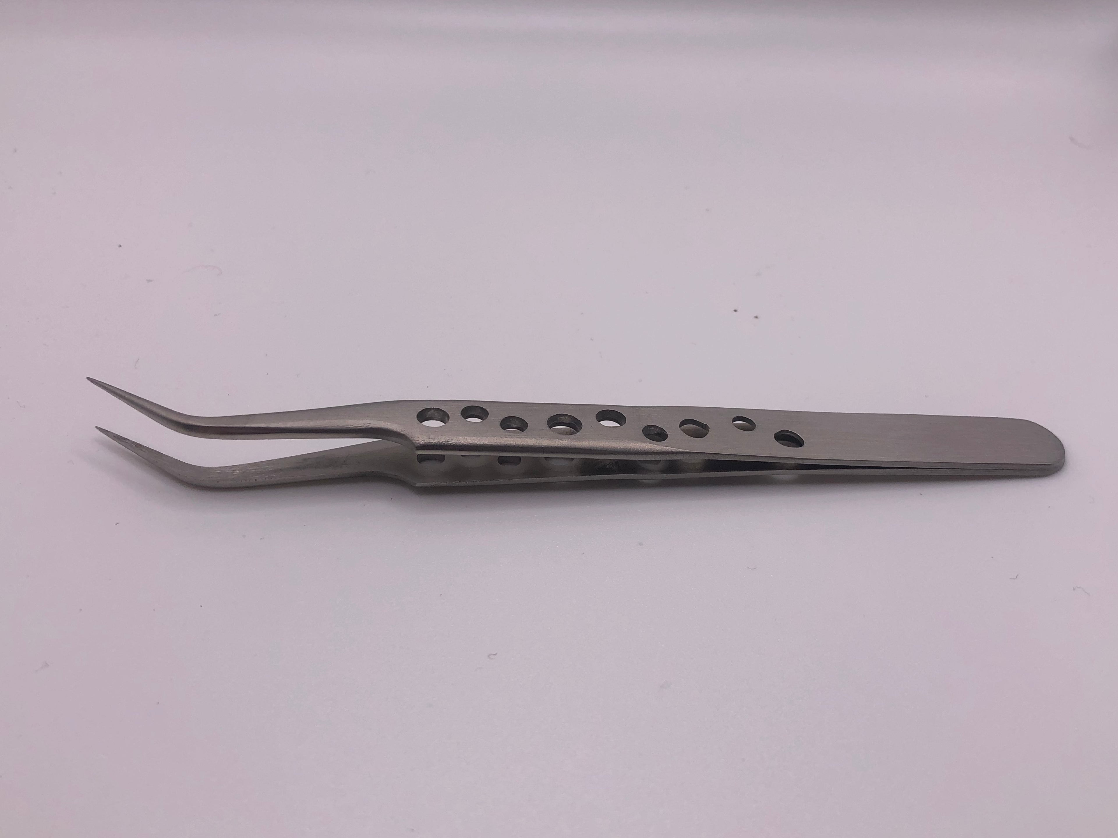 Pair of precision stainless steel tweezers with straight and curved fine tips and drilled anti-static handles for detailed modelling work