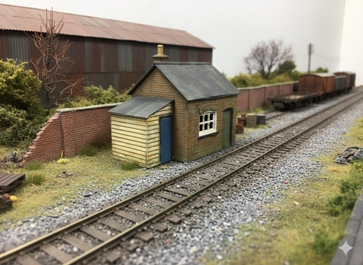 Unpainted OO9 scale brick workshop with lean-to resin building, featuring corrugated steel effect walls and roof for model rail layouts