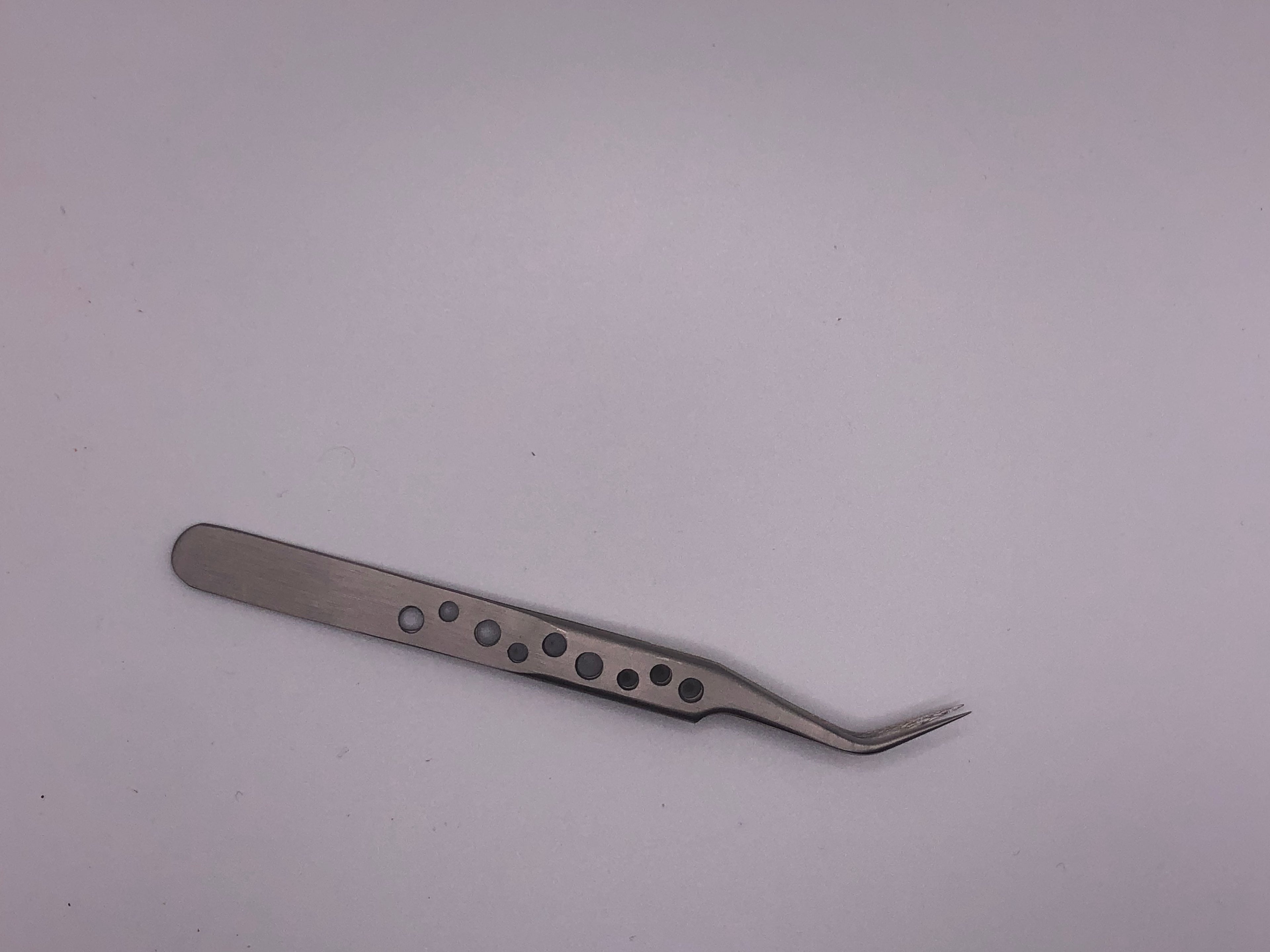 Pair of precision stainless steel tweezers with straight and curved fine tips and drilled anti-static handles for detailed modelling work