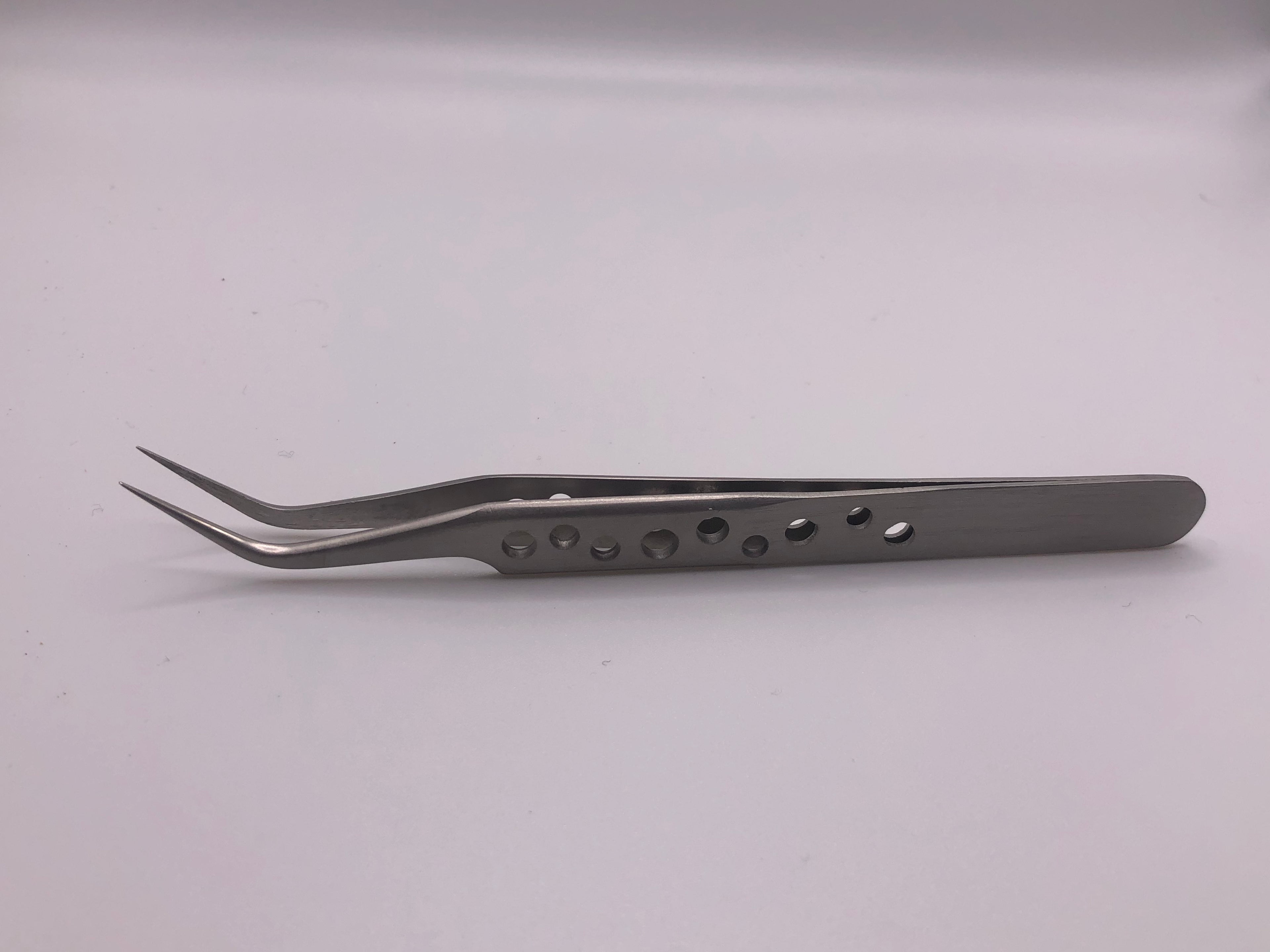 Pair of precision stainless steel straight and curved tip tweezers with drilled anti-static handles for detailed model railway work