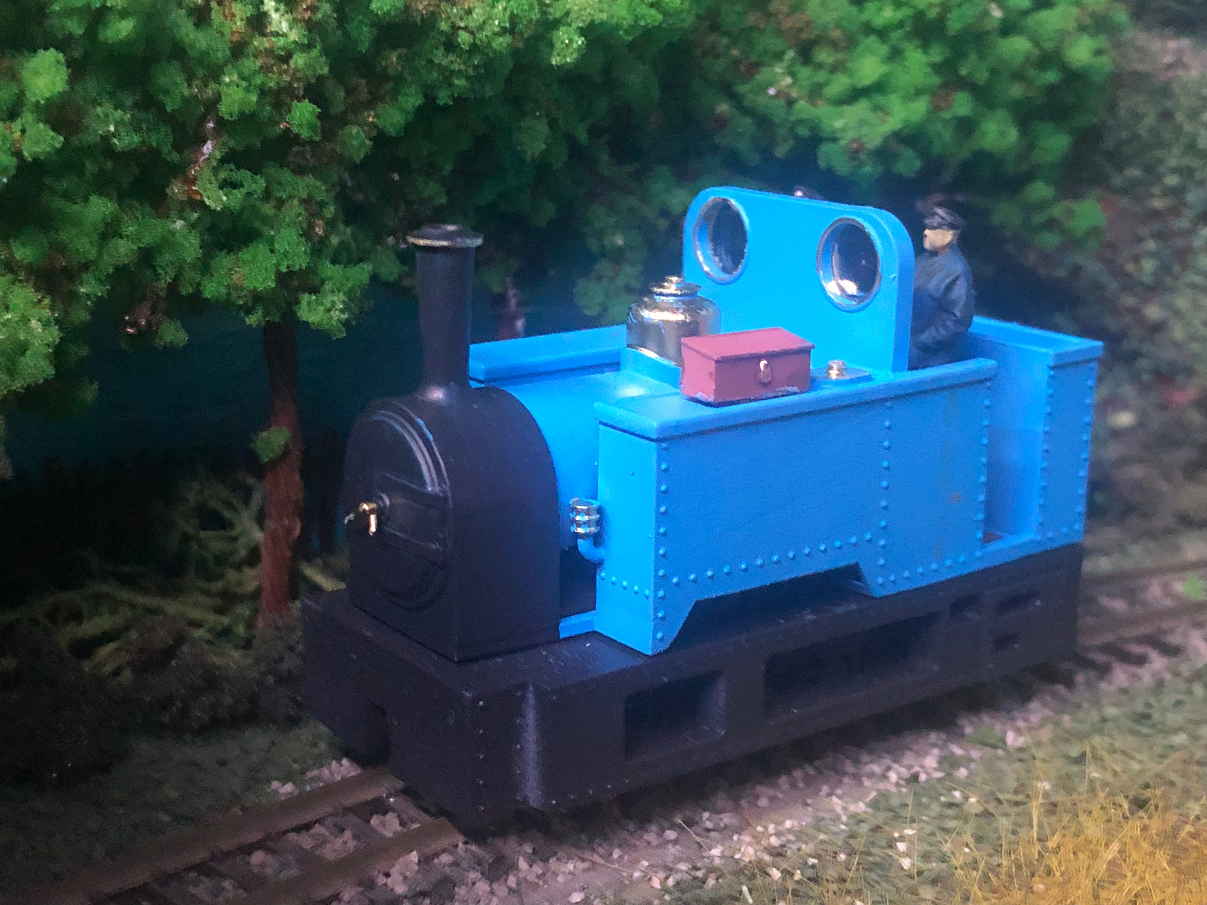 OO9 Kerr Stuart-inspired open cab steam loco kit body shown fitted to a Kato 11-109 narrow gauge chassis