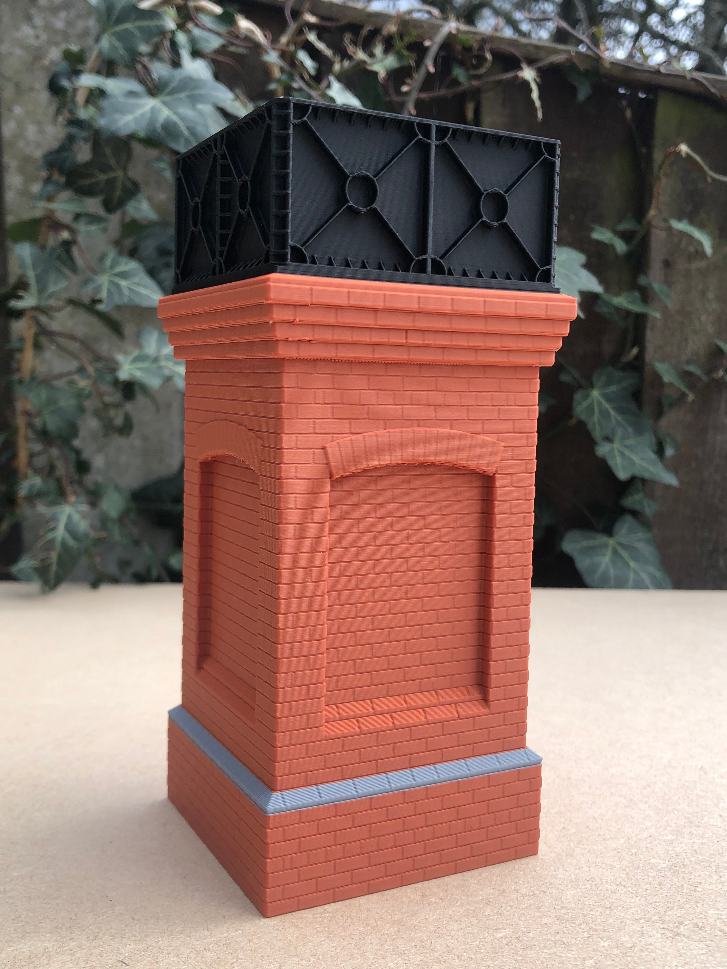 G gauge or GN15 small brick water tower model, unpainted but pre-coloured 3D print in brick, grey and black PLA.