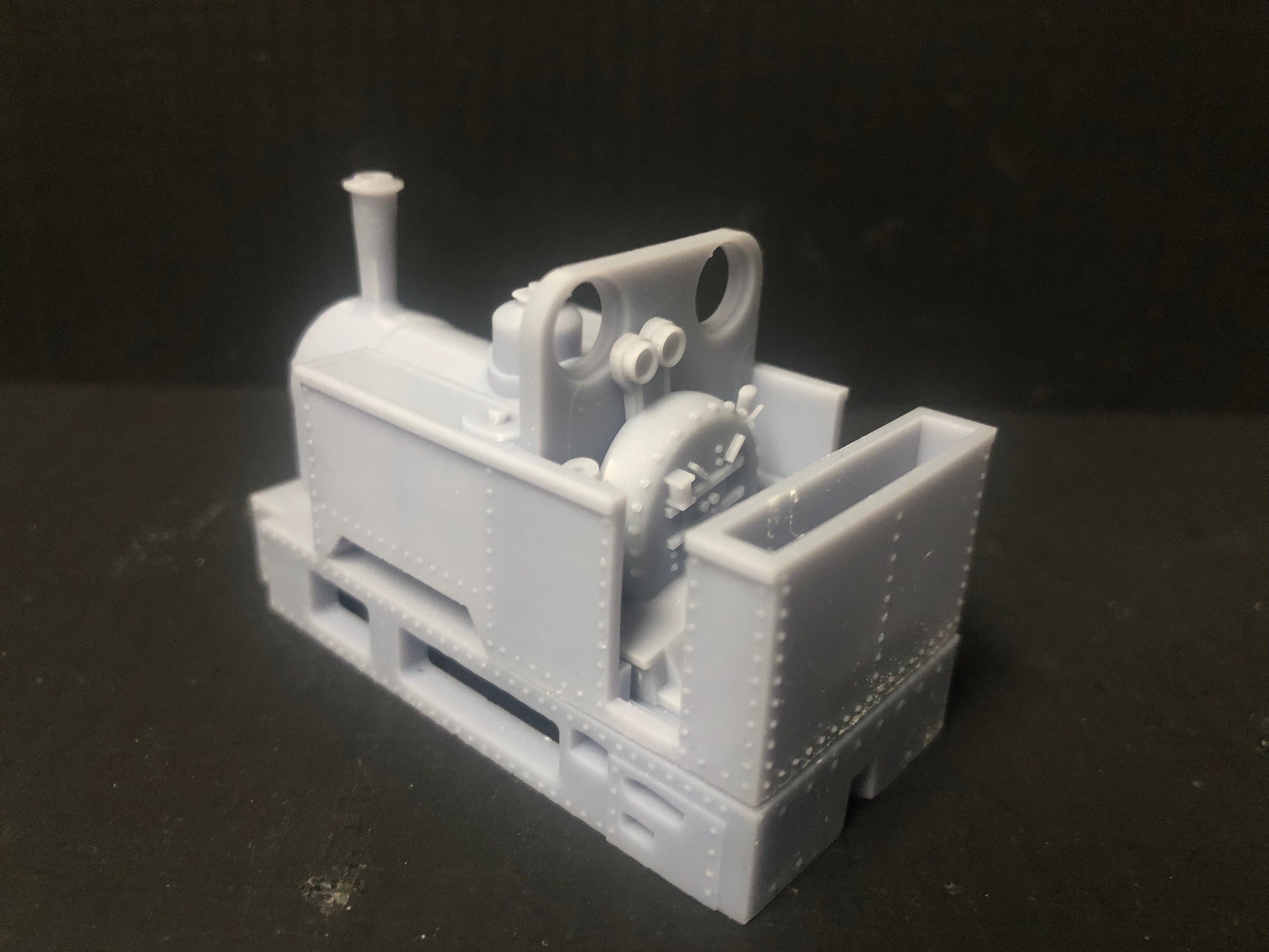 OO9 narrow gauge Kerr Stuart-inspired open cab steam loco kit body shown fitted to a Kato 11-109 motor bogie chassis