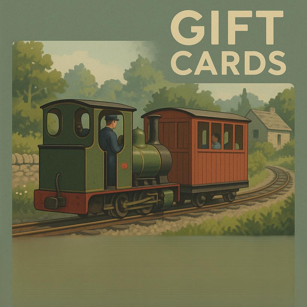 Digital gift card for OO9 narrow gauge model railway kits and accessories, shown with images of locomotives and scenic diorama layouts