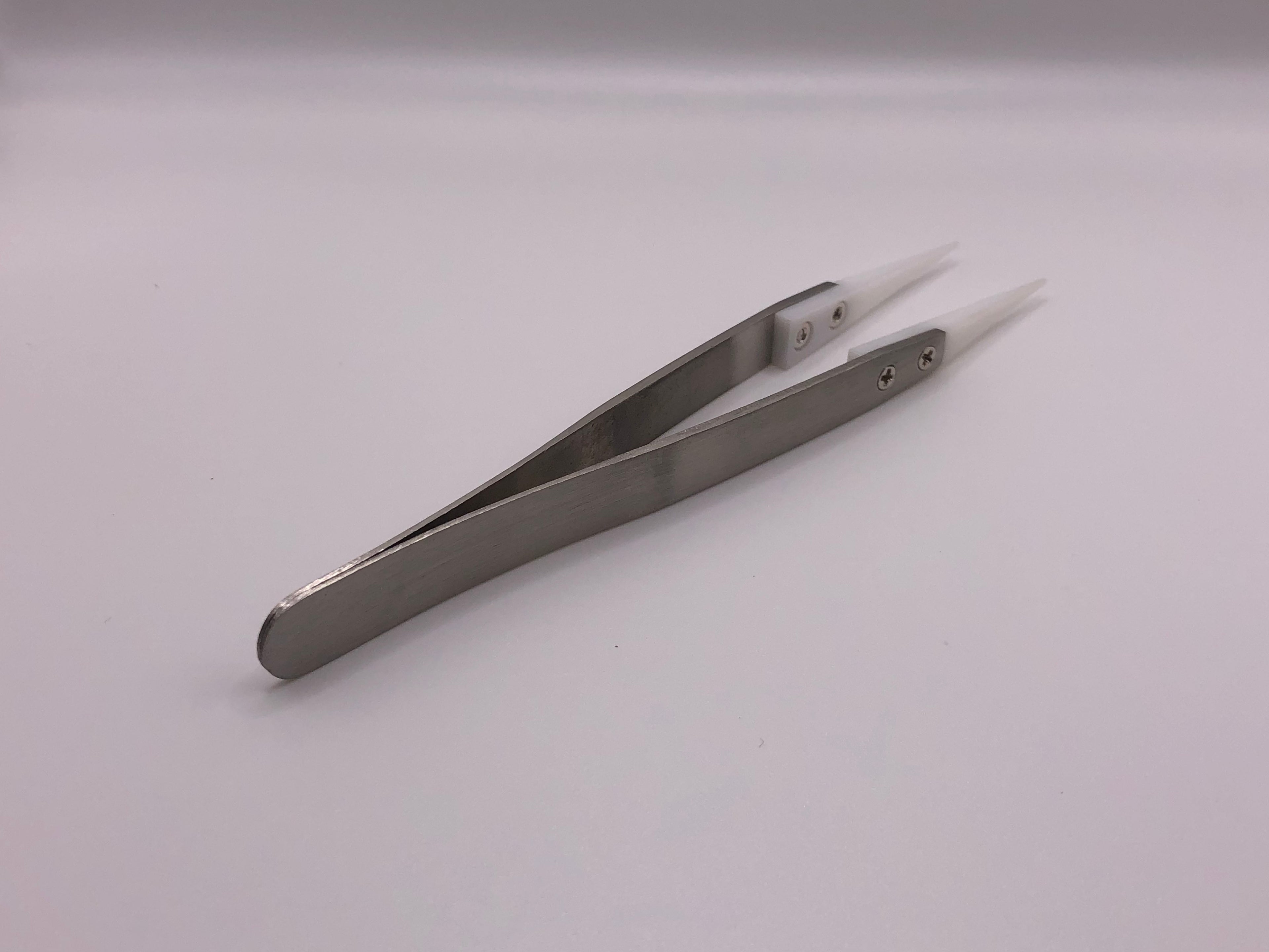 Fine-point ceramic tipped stainless steel tweezers for precision model railway work and handling tiny, delicate components