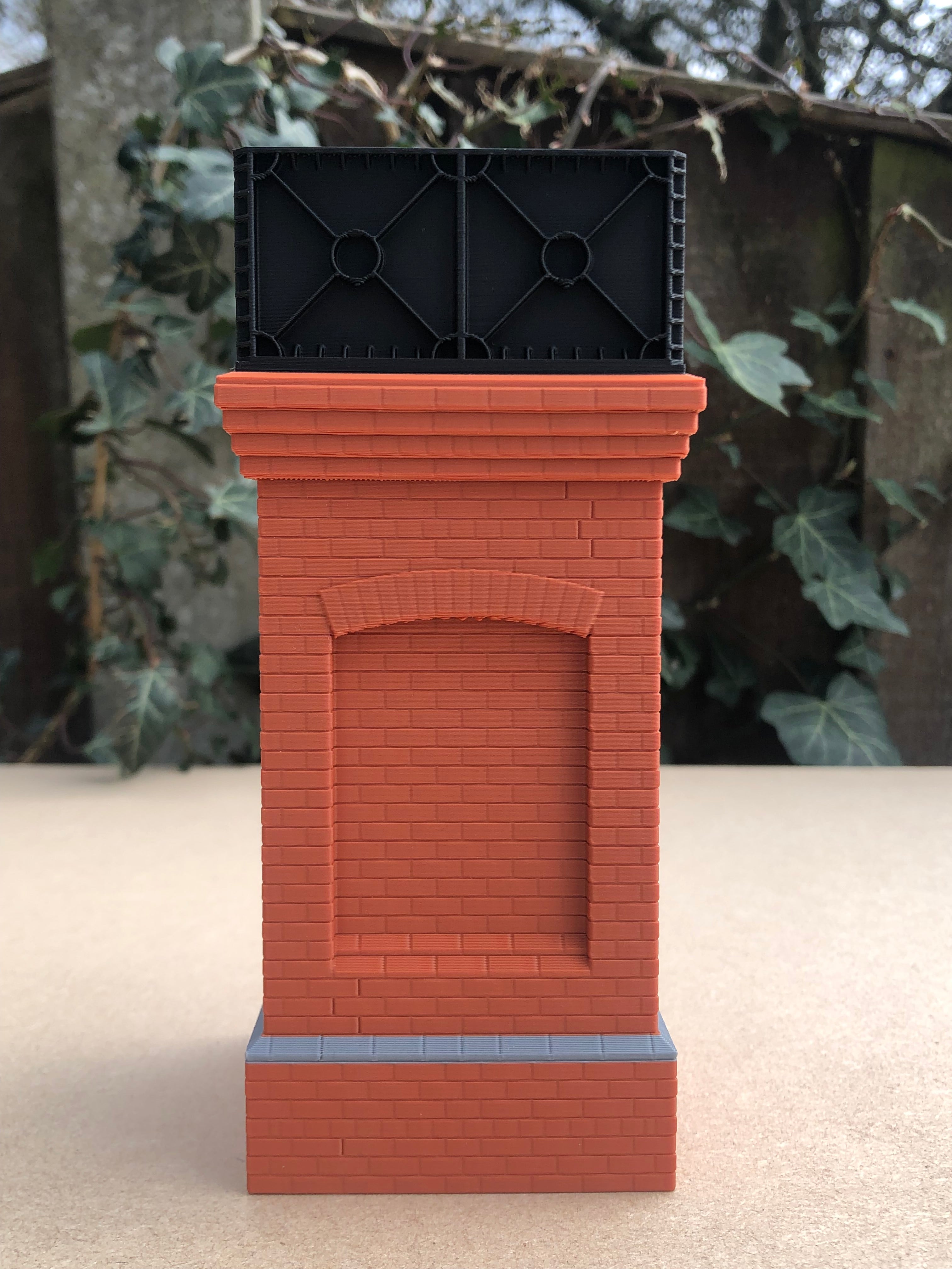 G gauge or GN15 small brick model railway water tower, unpainted but pre-coloured in brick, grey and black PLA.